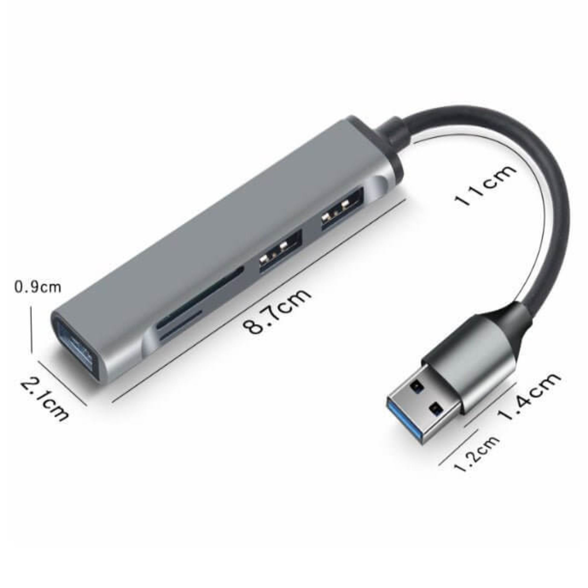5-in-1 USB 3.0 aluminum hub and card reader with detailed dimensions for connectivity and performance.