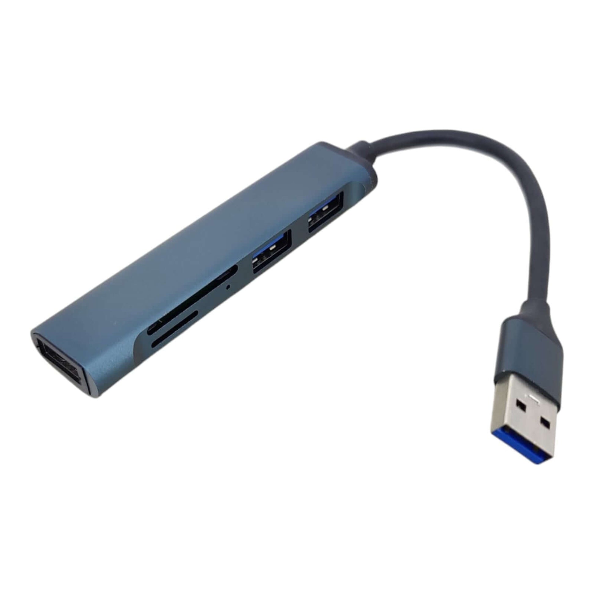 USB 3.0 5-in-1 aluminum hub with card reader, designed for MacBook and laptops, enhancing connectivity and performance.