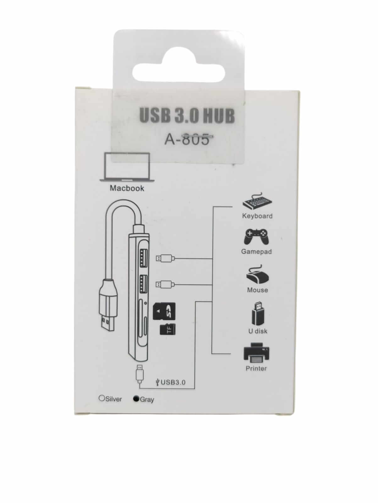 USB 3.0 Hub packaging displaying connections for MacBook and devices like keyboard and printer.