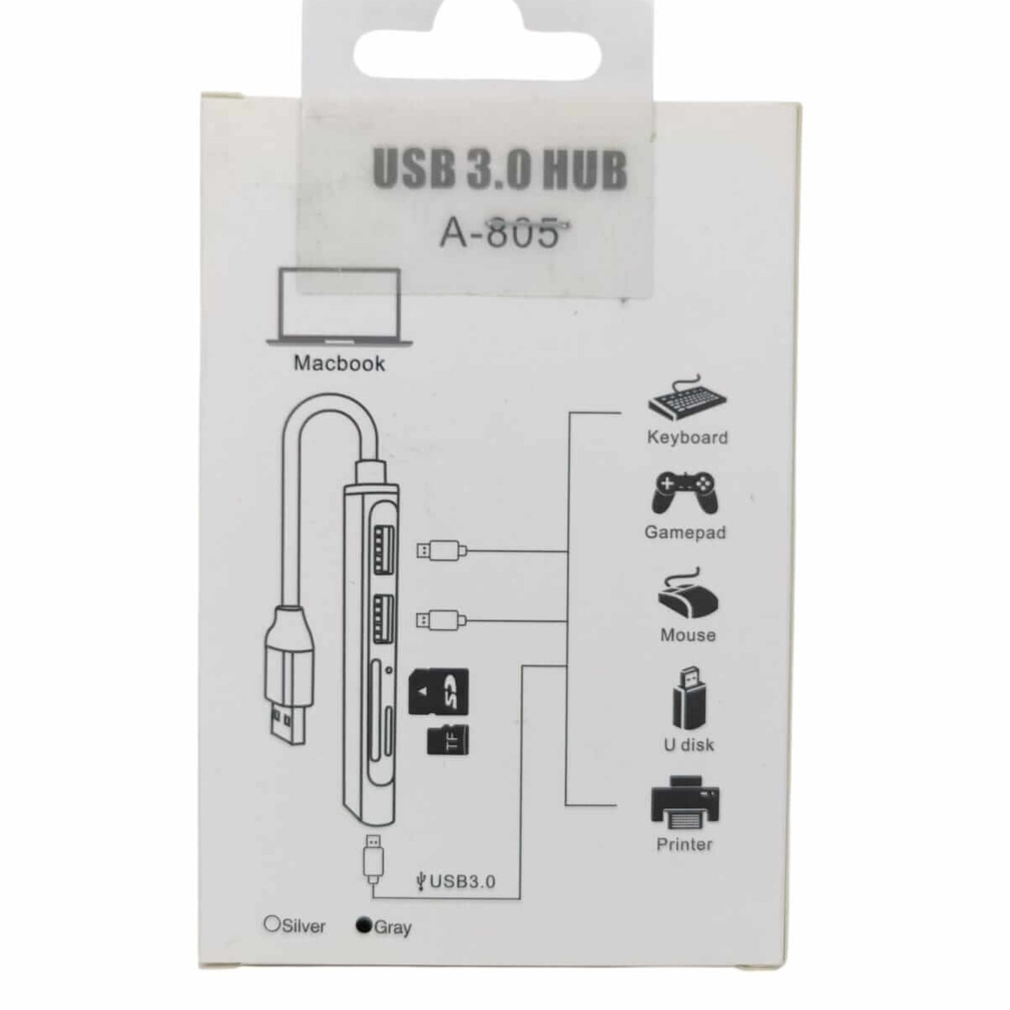 USB 3.0 Hub packaging displaying connections for MacBook and devices like keyboard and printer.