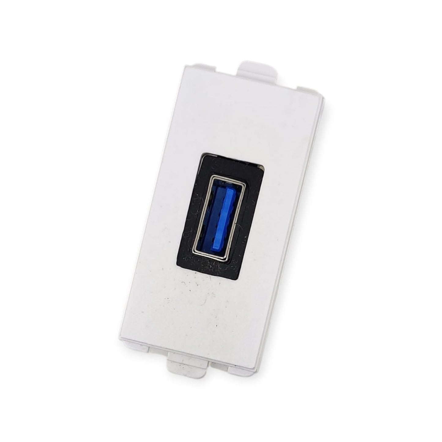 Front view of the white wall socket module showing the blue USB 3.0 port.