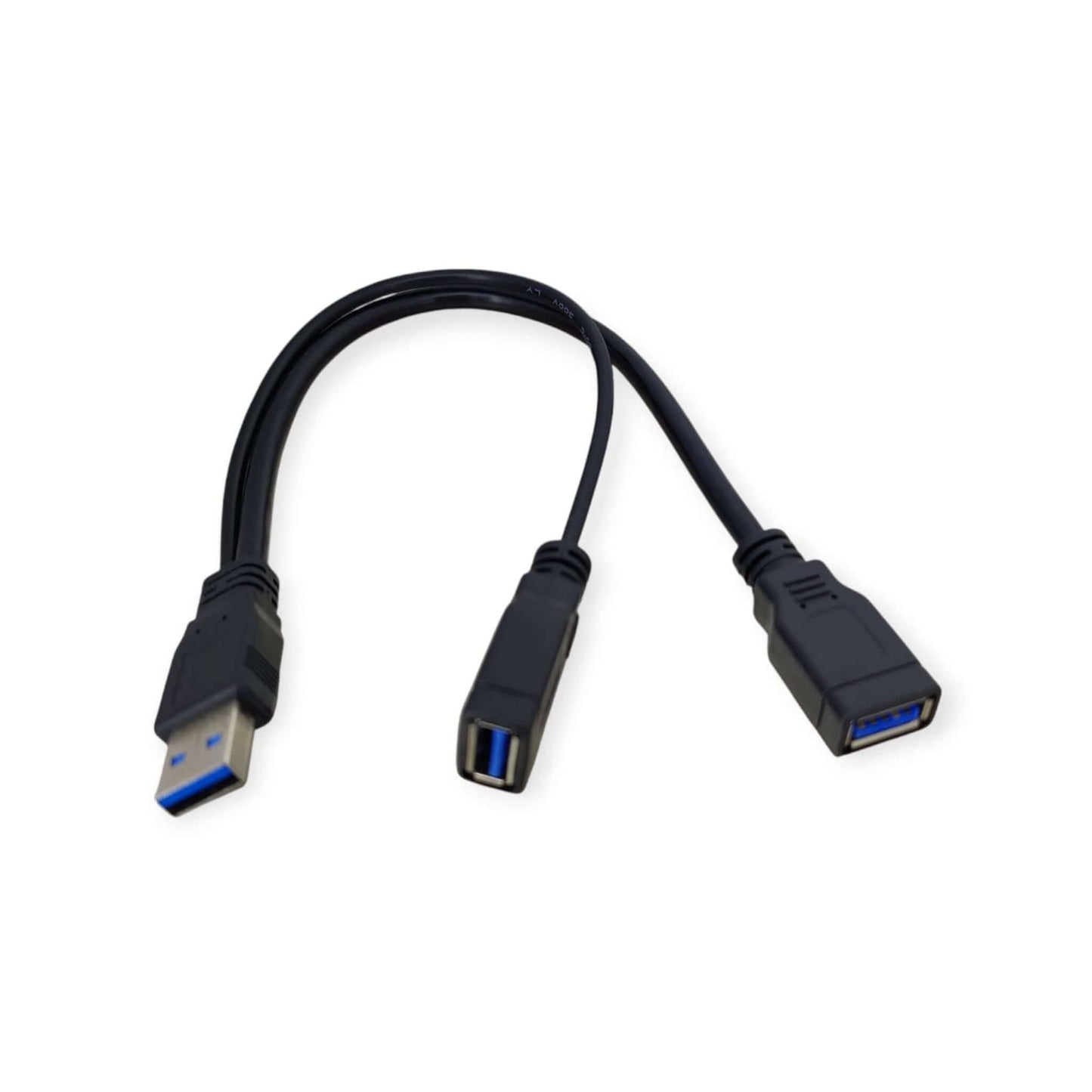 Angled view of a USB 3.0 1-to-2 power and data splitter cable against a white background.