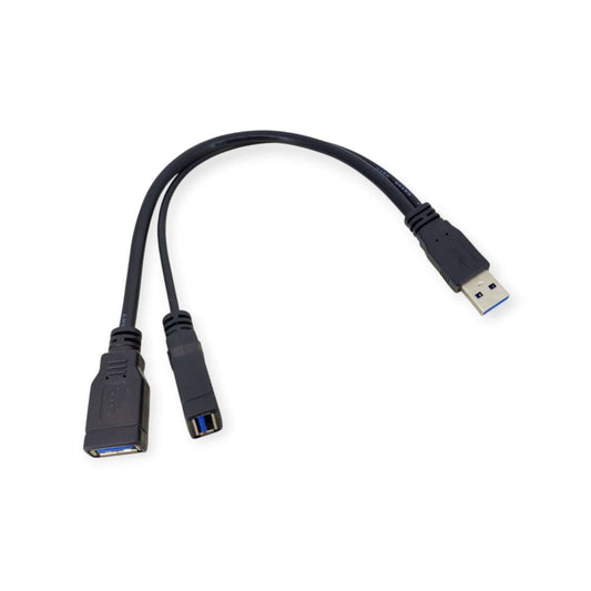 Black USB 3.0 Y-splitter cable showing one male and two female connectors for data and extra power.