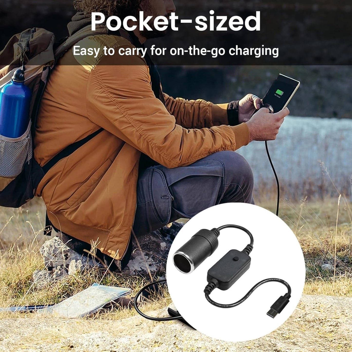 Pocket-sized USB 5V to 12V car adapter for on-the-go charging, perfect for outdoor activities and travel.