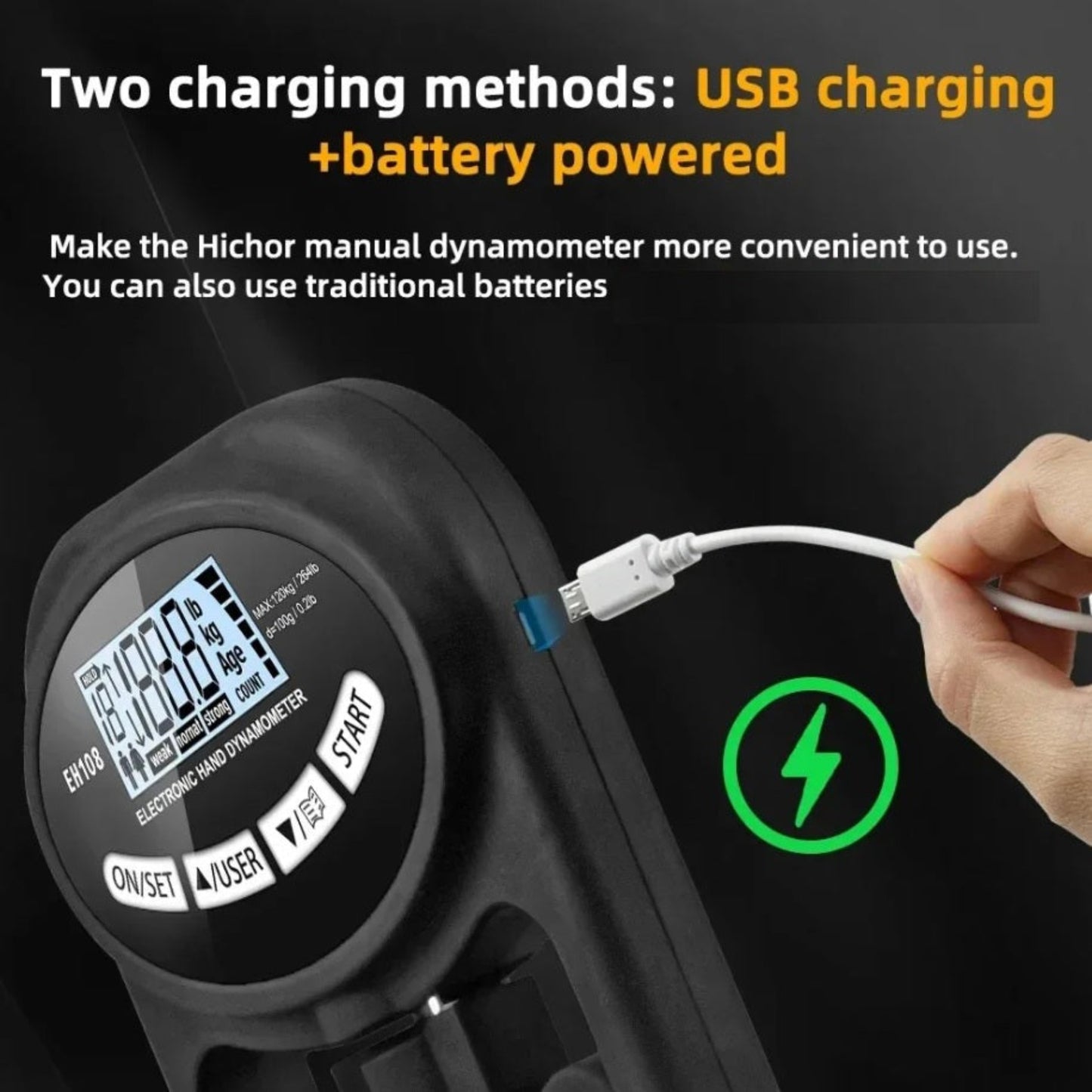 Digital hand dynamometer being charged via USB cable. Illustrates dual charging: USB and traditional battery power.