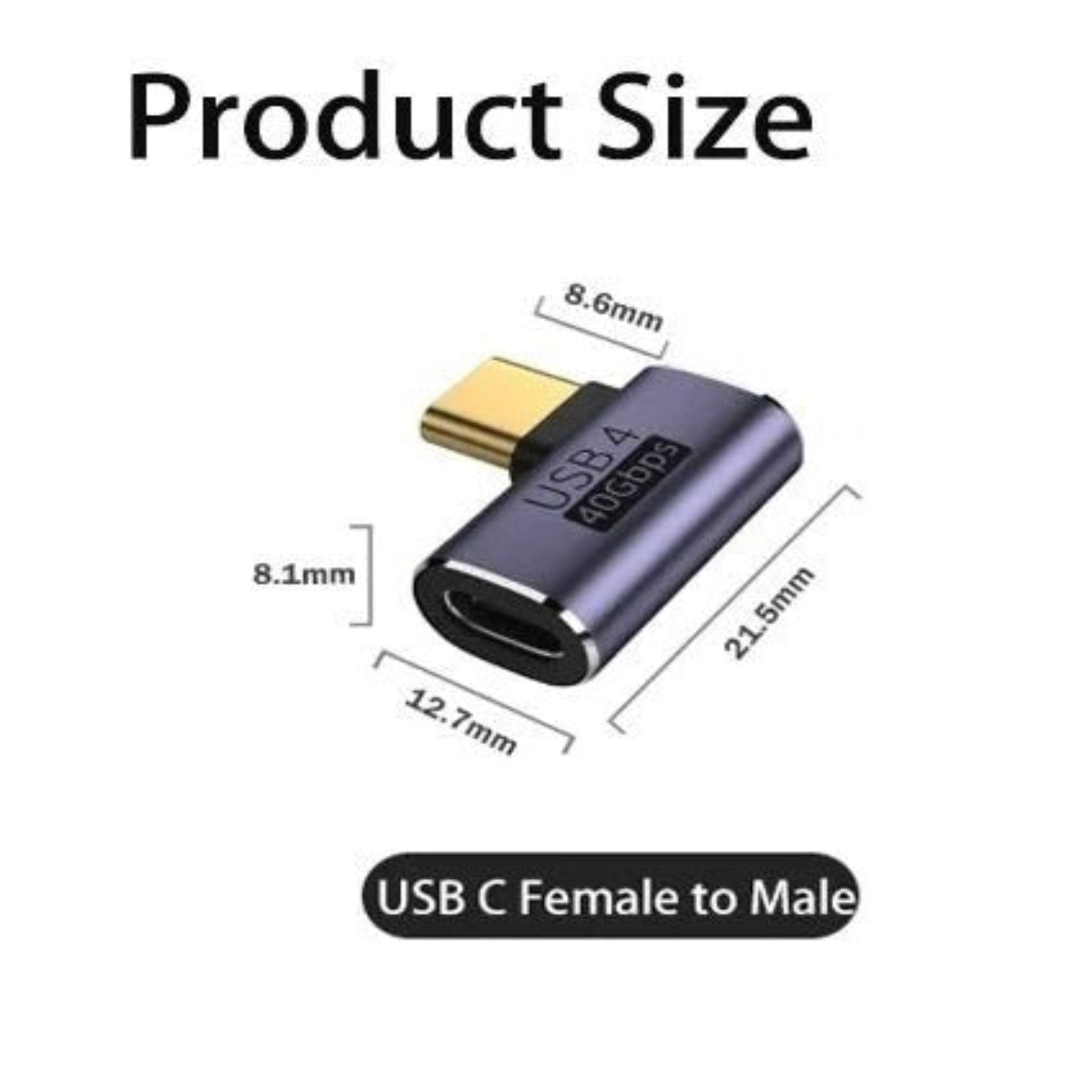 Type-C 100W 40Gbps Female to Male adapter showcasing product size specifications.