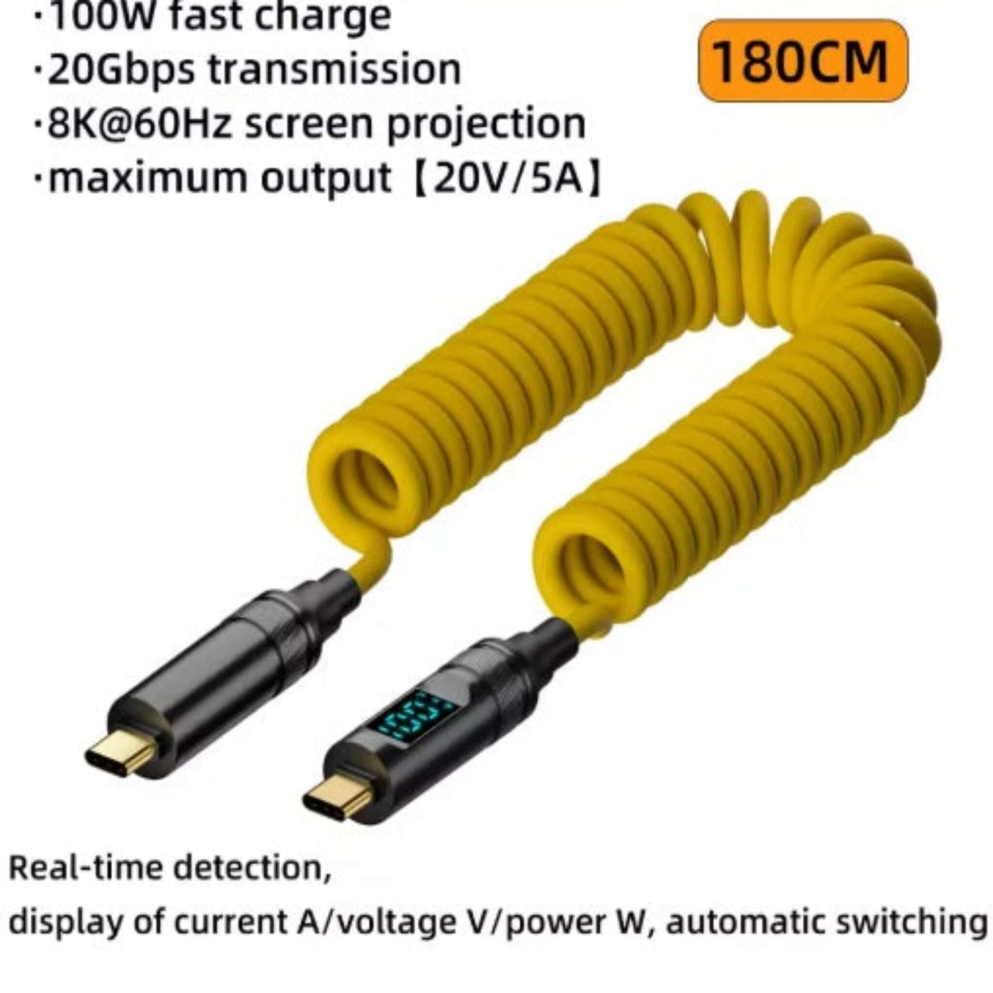 Yellow coiled USB-C cable with 100W fast charge, 20Gbps, 8K@60Hz, and real-time power display.