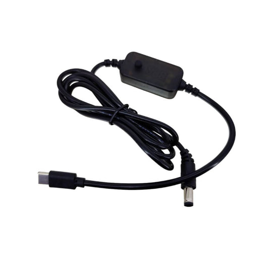USB-C to DC plug adjustable voltage cable with a digital display for powering devices.