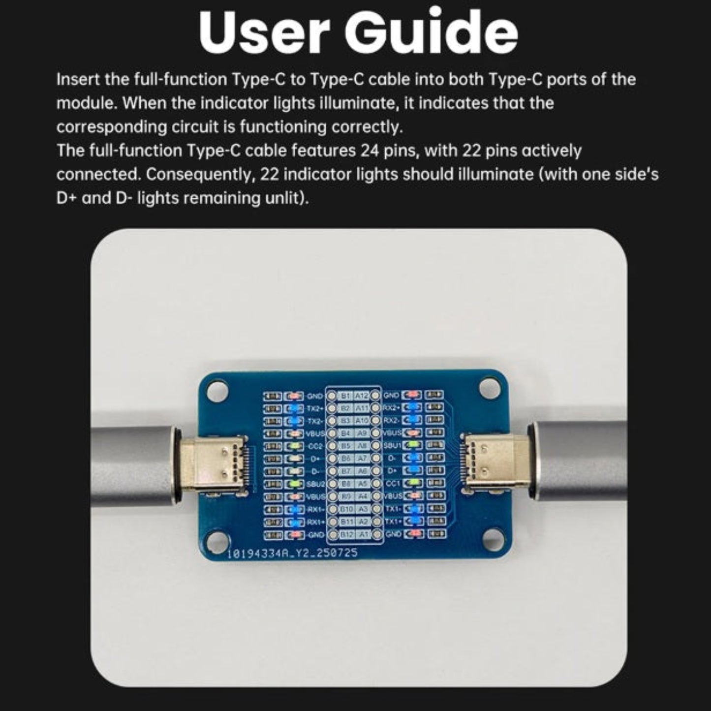 USB-C cable plugged into both ends of the tester illuminating the LED lights.