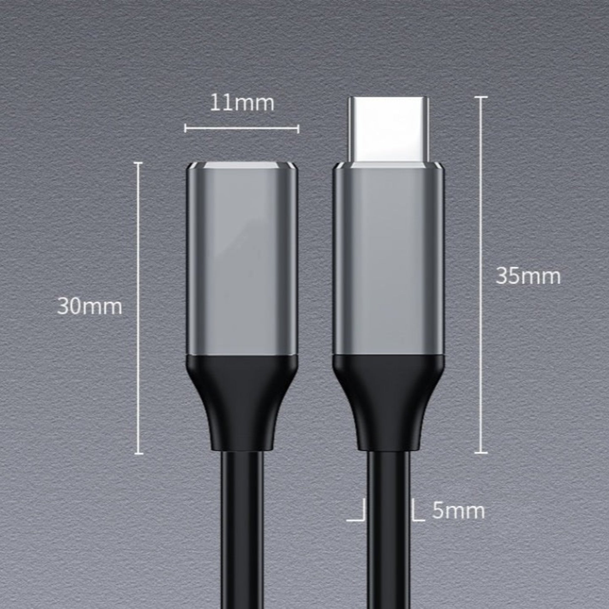 Close-up of USB-C extension cable male and female connectors with dimensions: 11mm width, 30mm and 35mm length.
