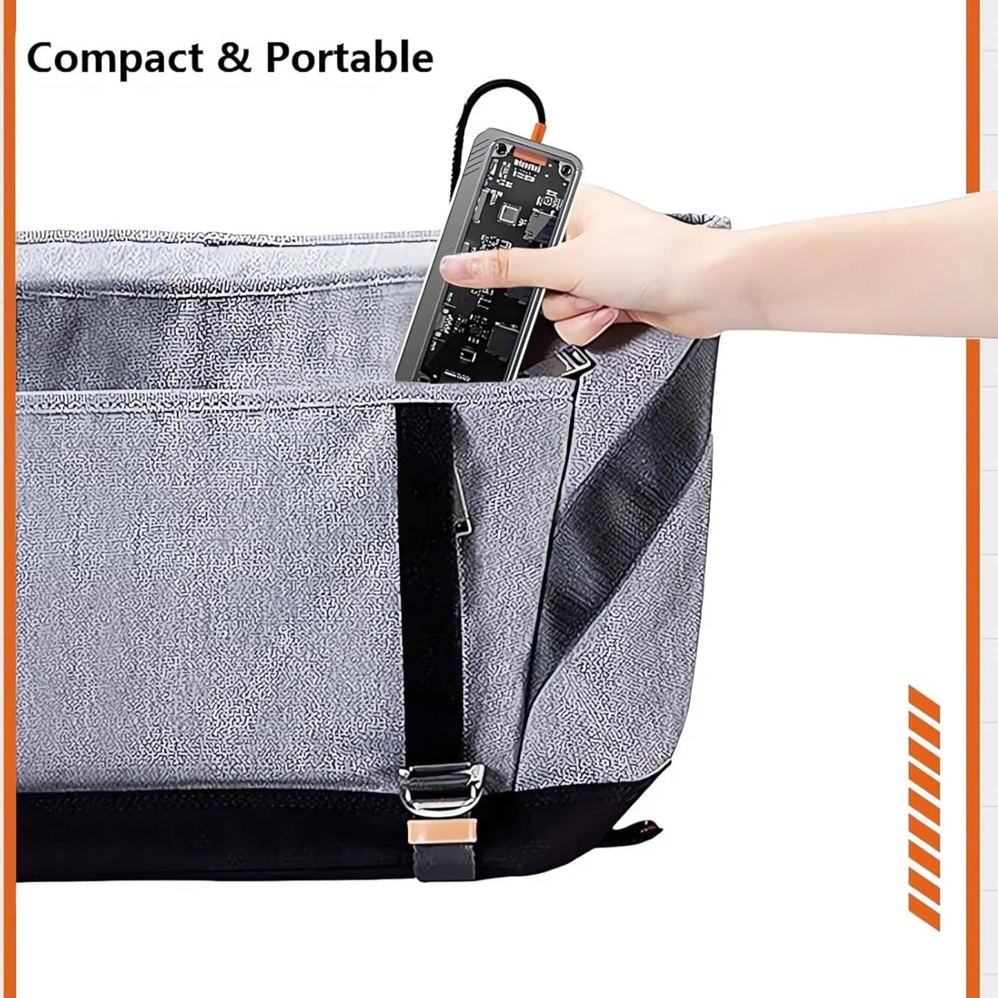 Person placing a compact USB-C hub into a stylish gray bag, showcasing portability and convenience.