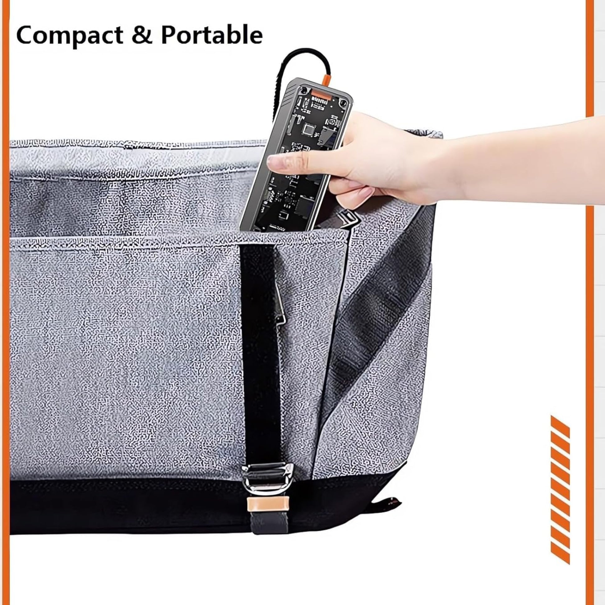 Person placing a compact USB-C hub into a stylish gray bag, showcasing portability and convenience.