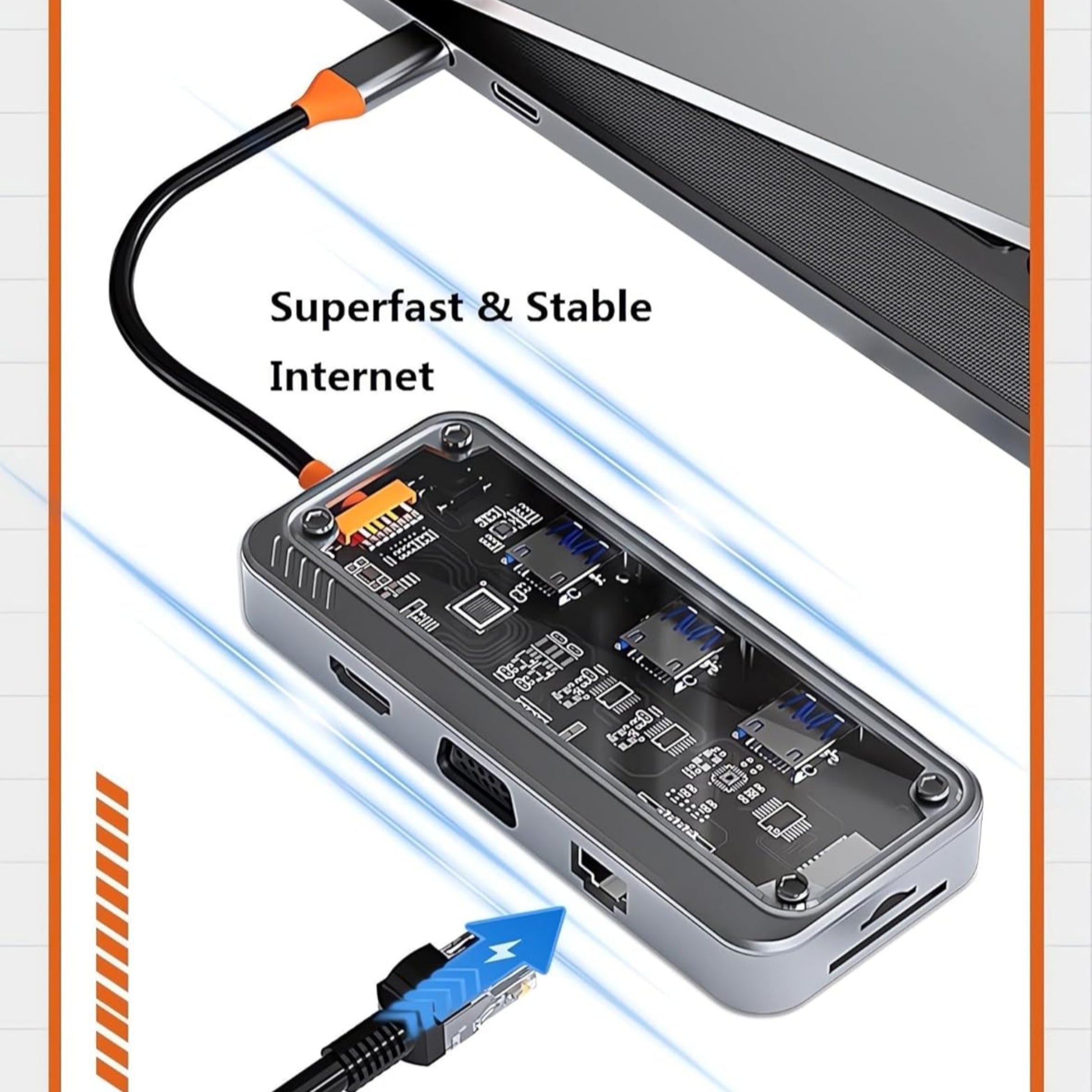 10-in-1 USB-C hub connected to a laptop, featuring ports for stable internet and fast data transfer.