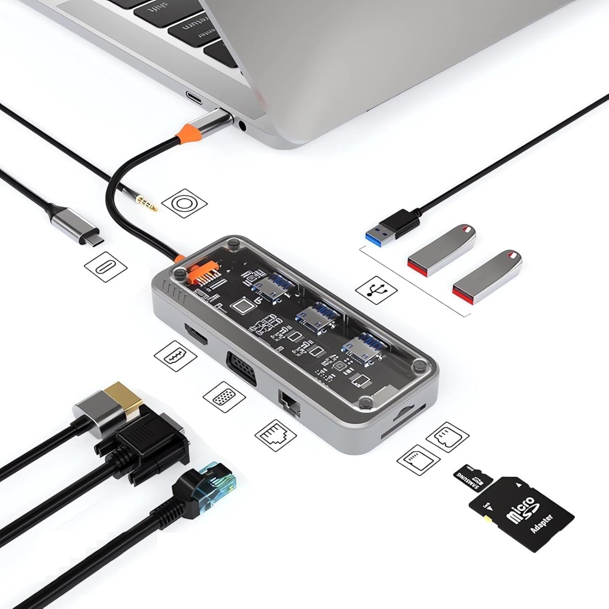 10-in-1 USB-C hub connected to a laptop, showcasing HDMI, Ethernet, and USB ports for enhanced connectivity.