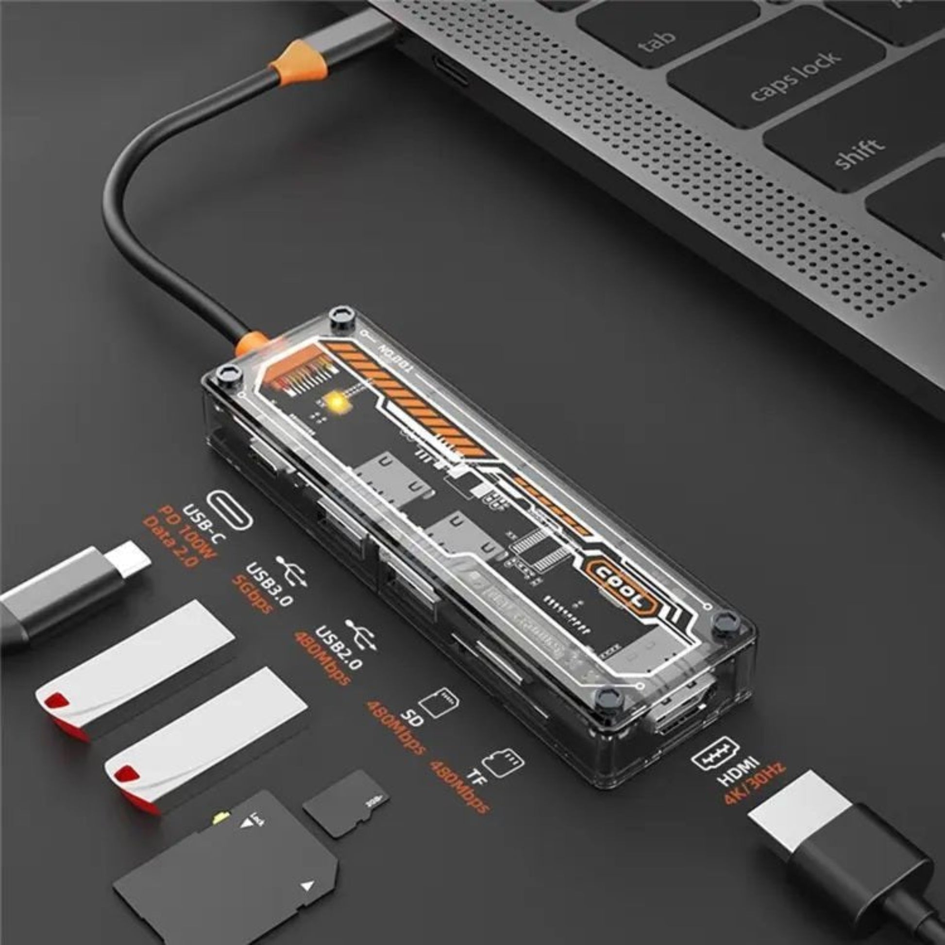 Transparent USB-C multiport adapter with multiple connections, including USB-A, SD, and HDMI ports, on a black background.