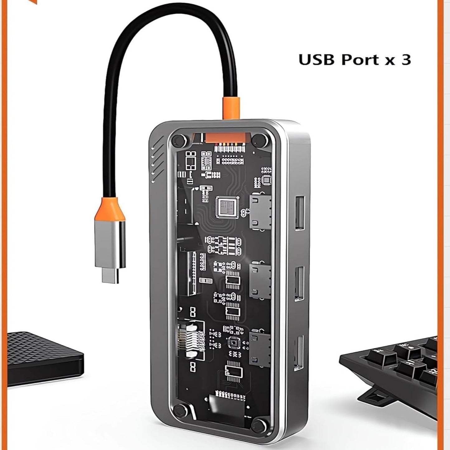 10-in-1 USB-C hub with three USB ports, compact design for enhanced connectivity and productivity.