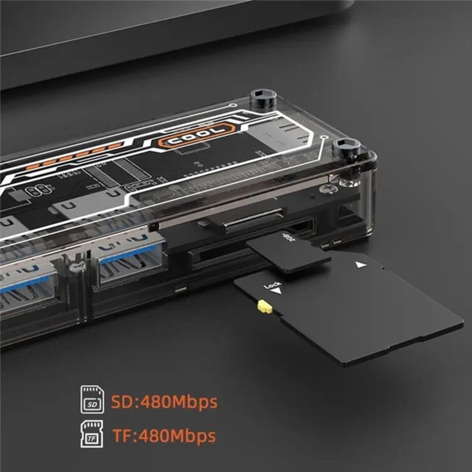 Close-up of USB-C multiport adapter showing SD and TF card slots with data transfer speeds.