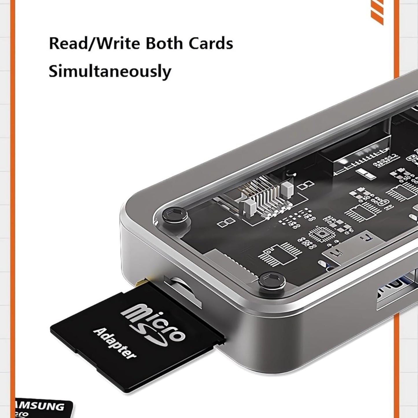10-in-1 USB-C hub with microSD adapter, enabling simultaneous read/write of cards for fast data management.