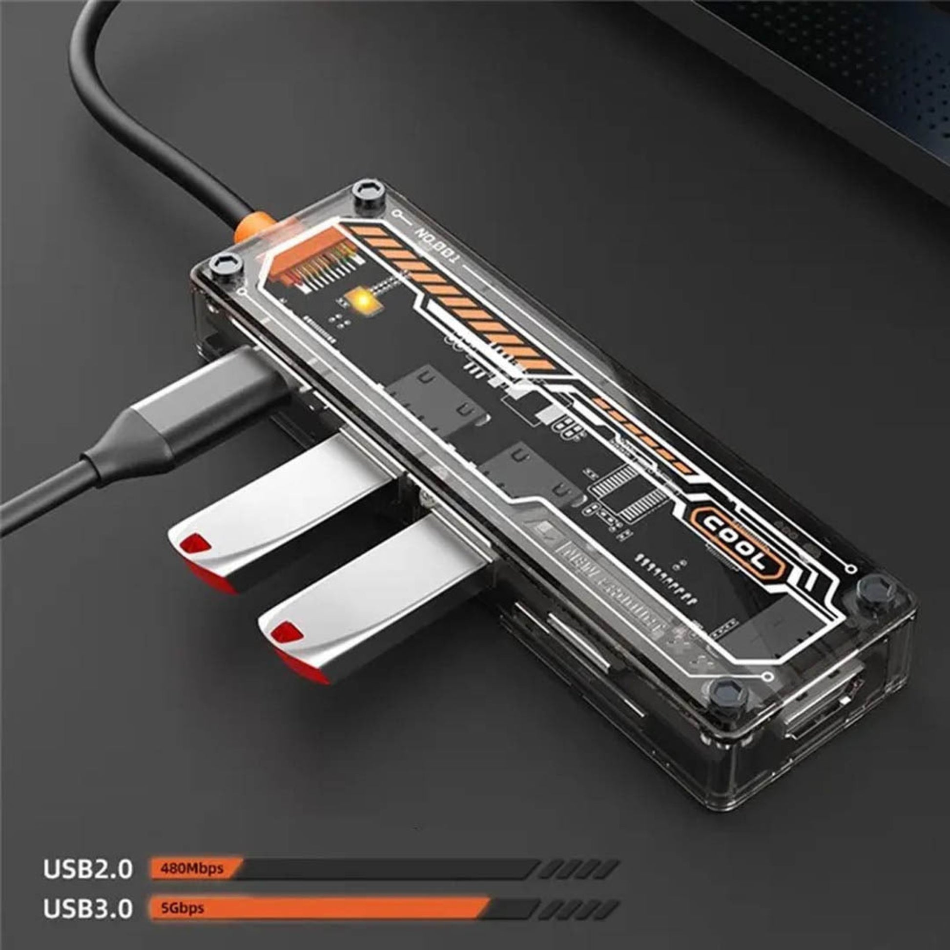 Transparent 6-in-1 USB-C hub with multiple ports for fast data transfer and charging.