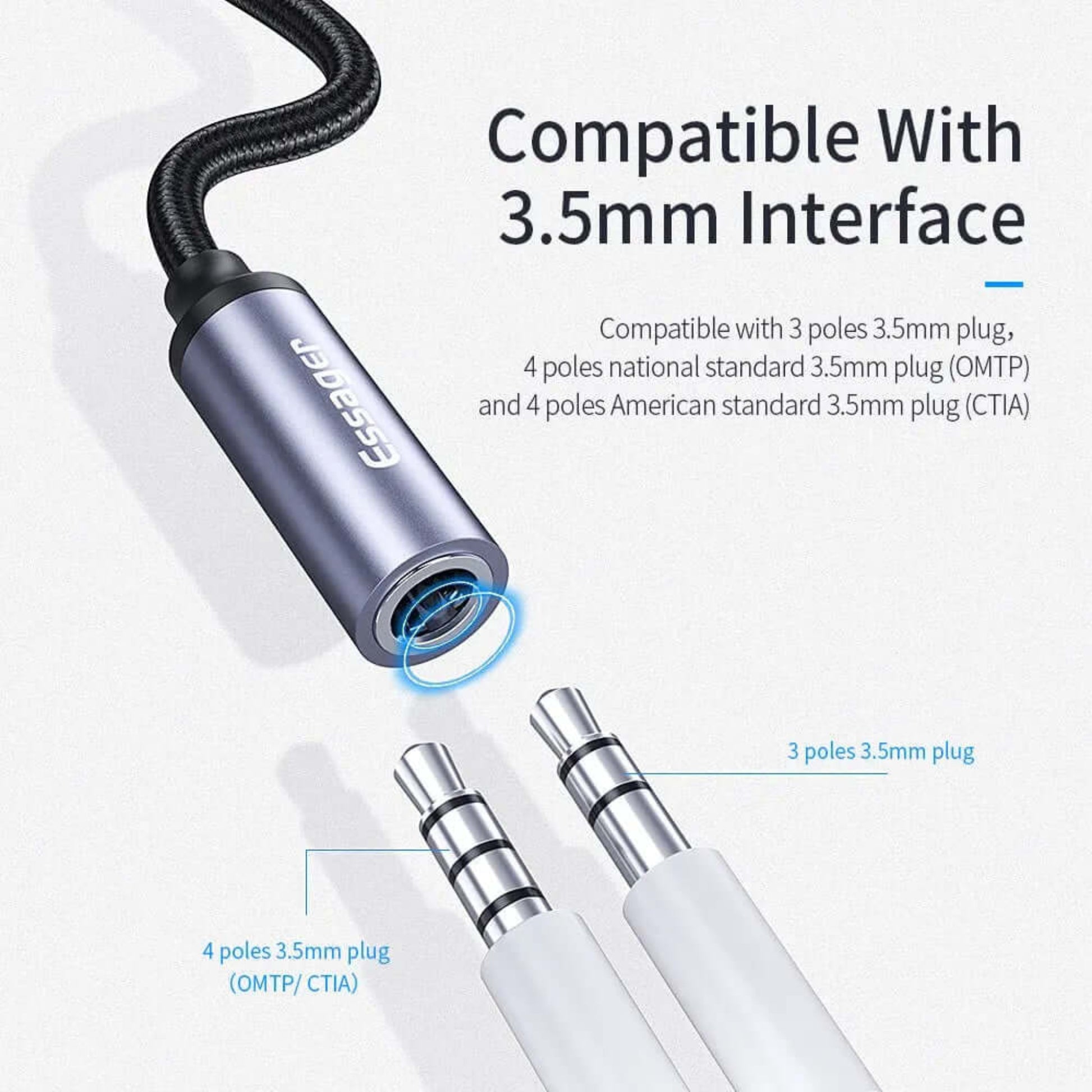 Essager USB C to 3.5mm adapter showing compatibility with 3-pole and 4-pole 3.5mm plugs.