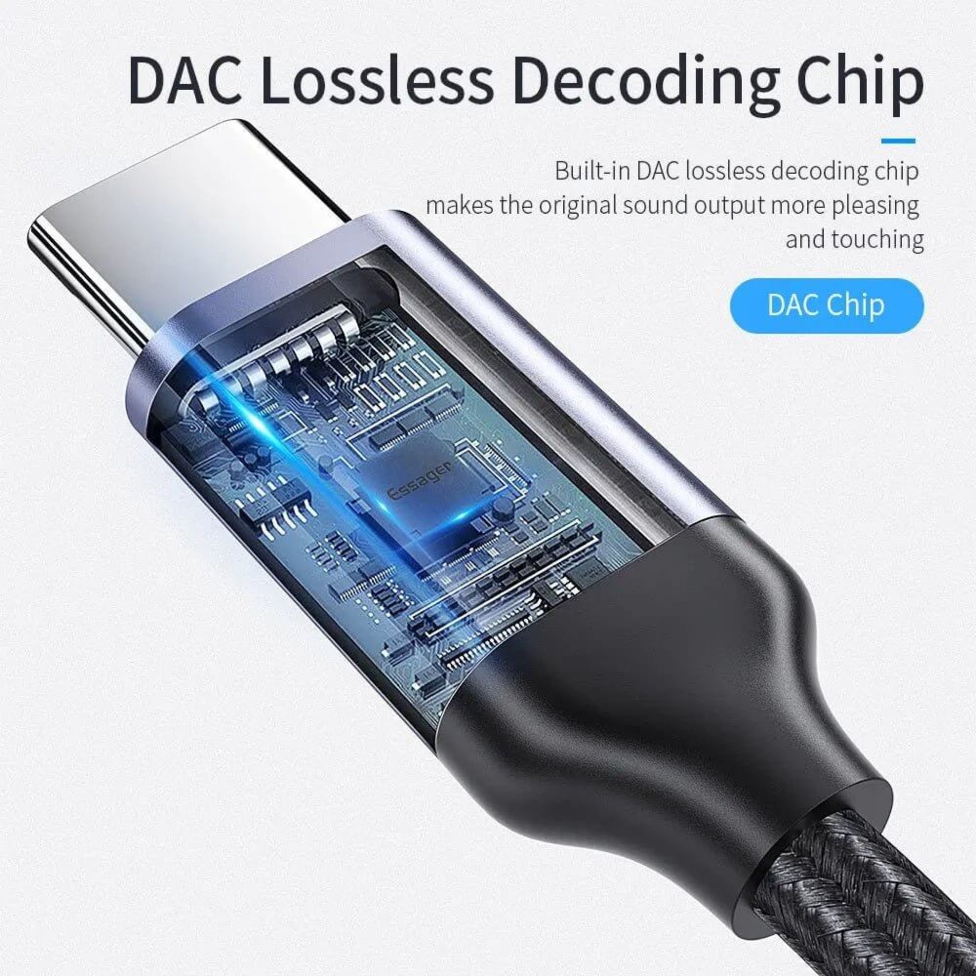 Close-up of Essager USB C plug revealing internal DAC lossless decoding chip for audio.