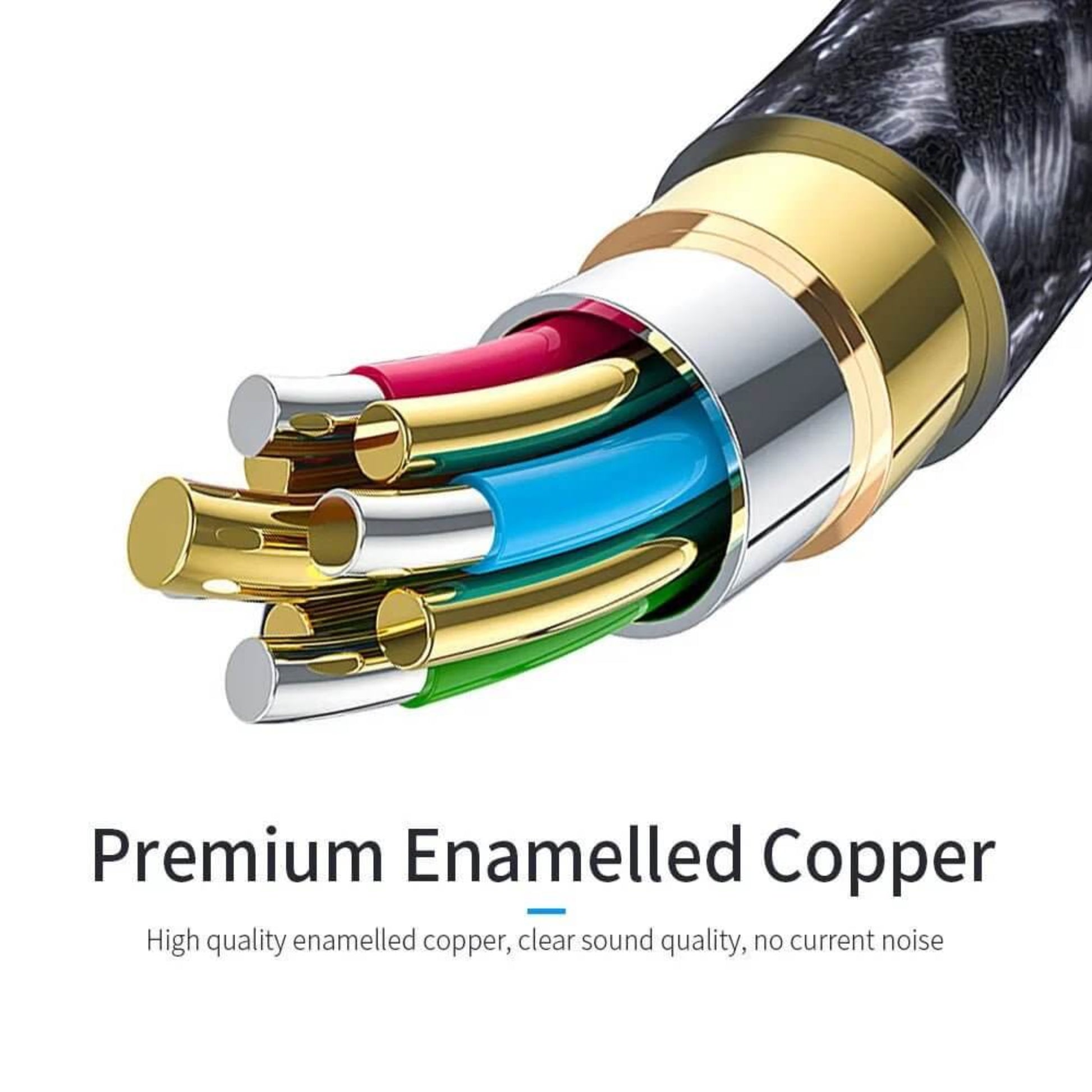 Cross-section view of premium enamelled copper wires inside the USB C to 3.5mm adapter cable.