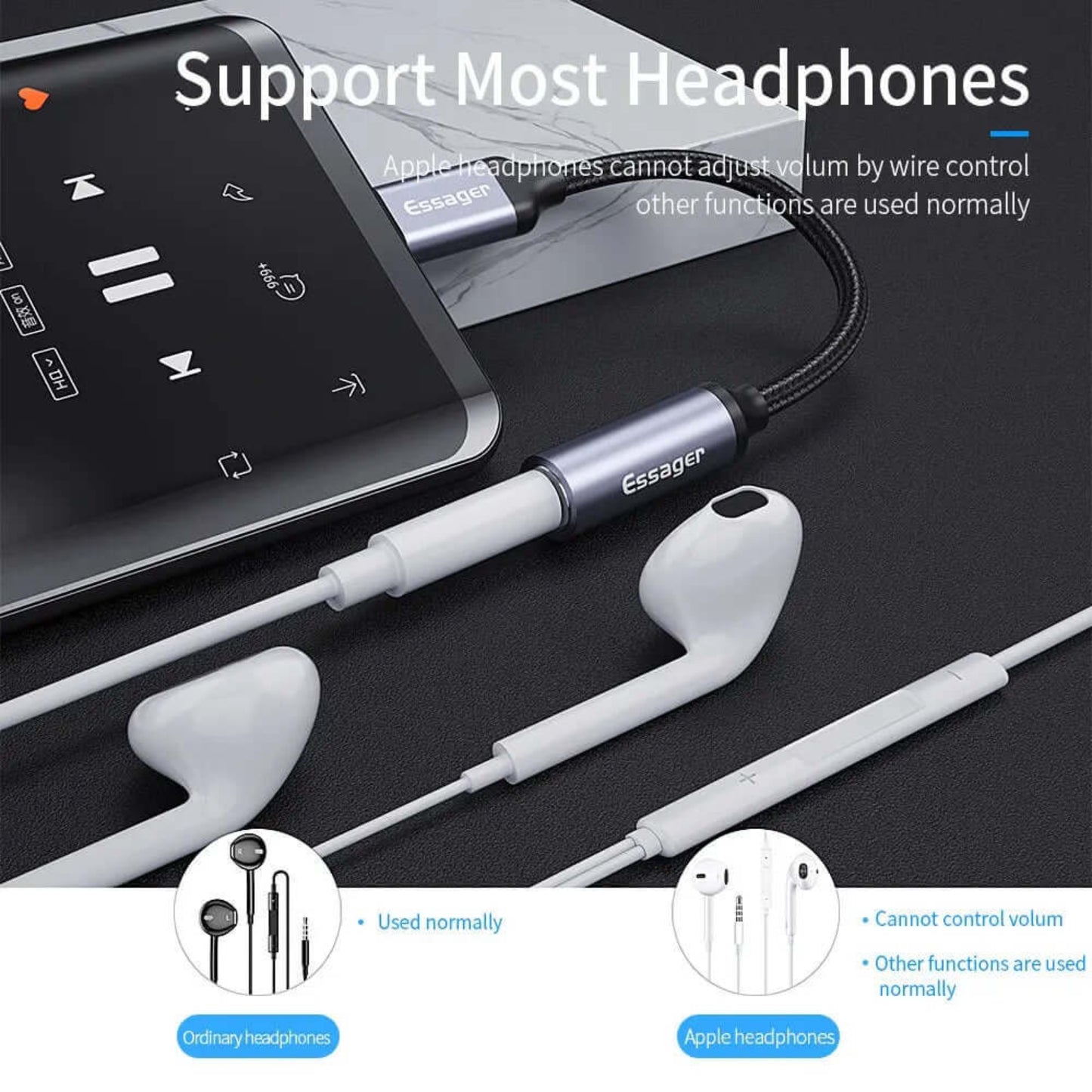 USB C to 3.5mm adapter supporting most headphones, with note on Apple headphone volume control.