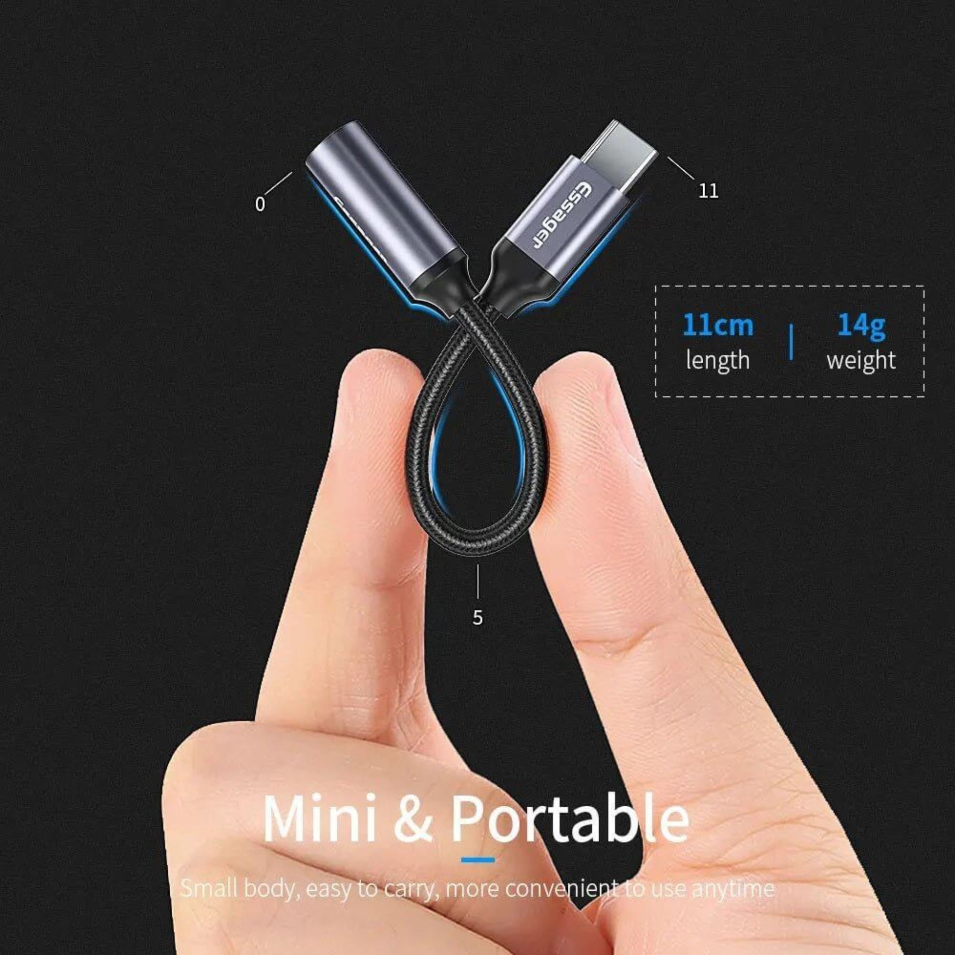 Mini and portable Essager USB C to 3.5mm adapter held between fingers, showing its compact size.