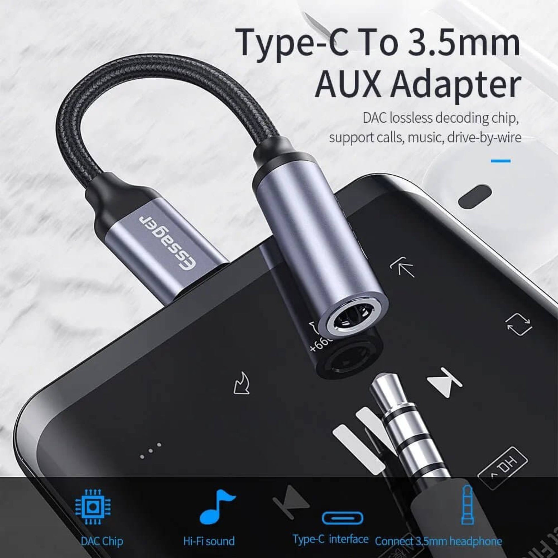 USB C to 3.5mm AUX adapter connected to a smartphone, showing headphone jack and Type-C plug.Limited