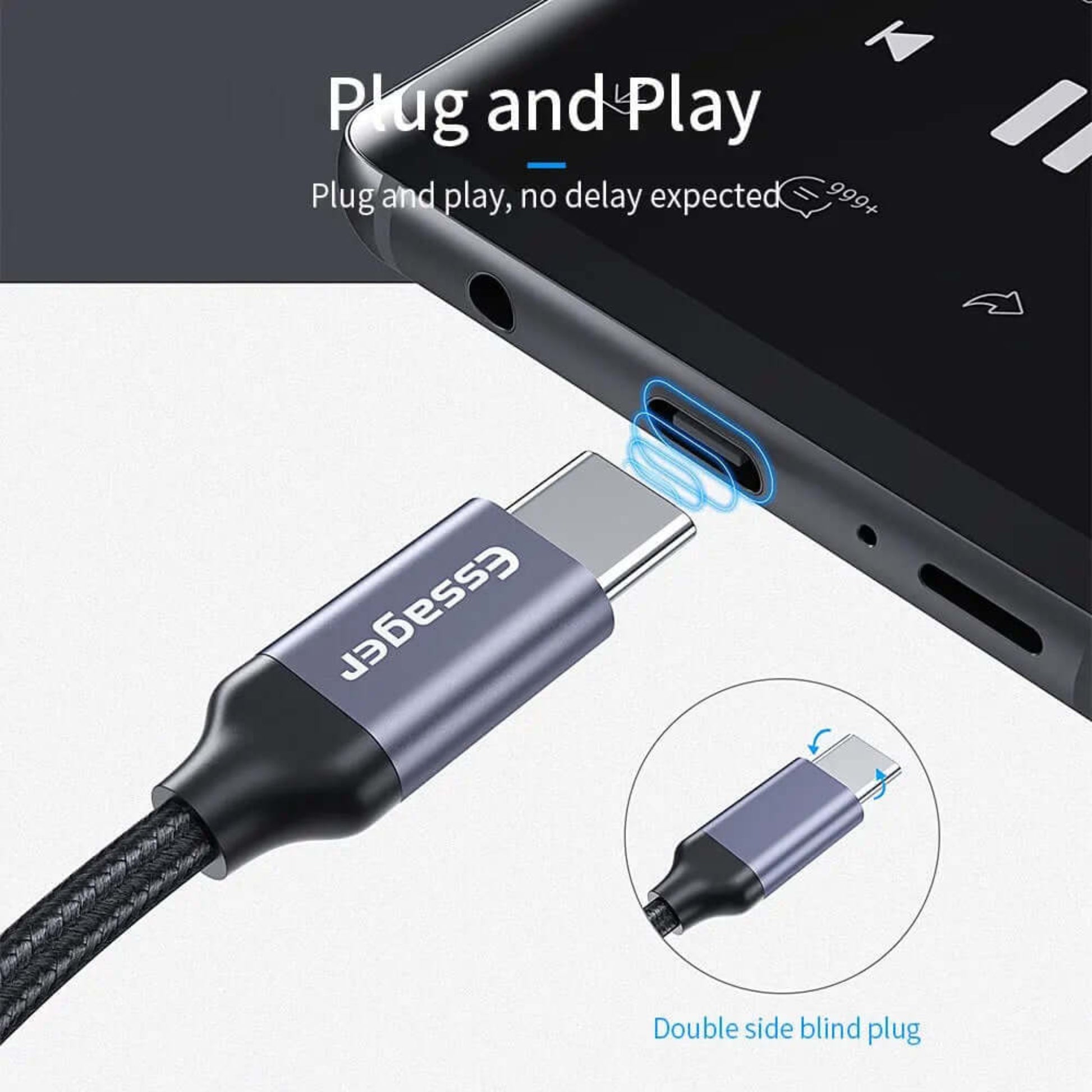 Close-up of the USB C to 3.5mm adapter being plugged into a smartphone, highlighting plug and play.