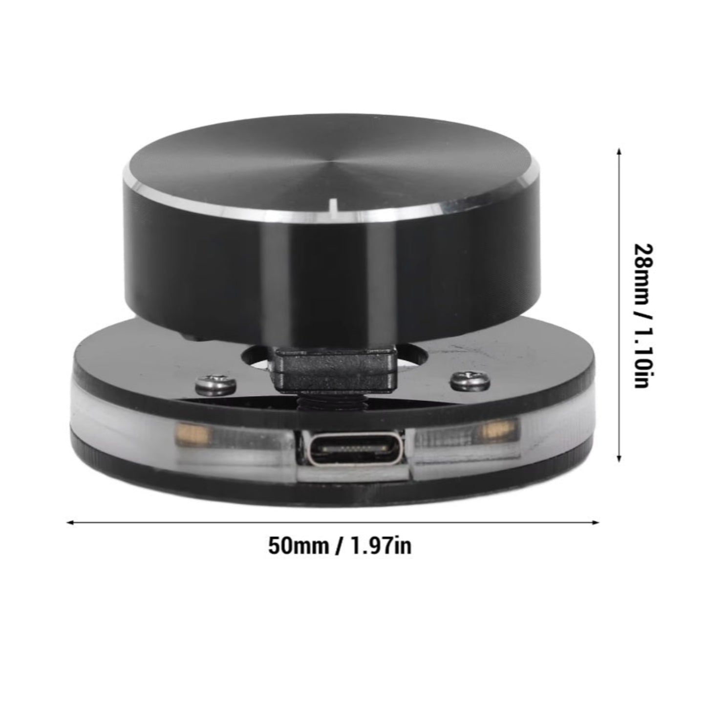 USB-C volume control knob with RGB light, dimensions: 50mm x 28mm, designed for precise audio adjustments.