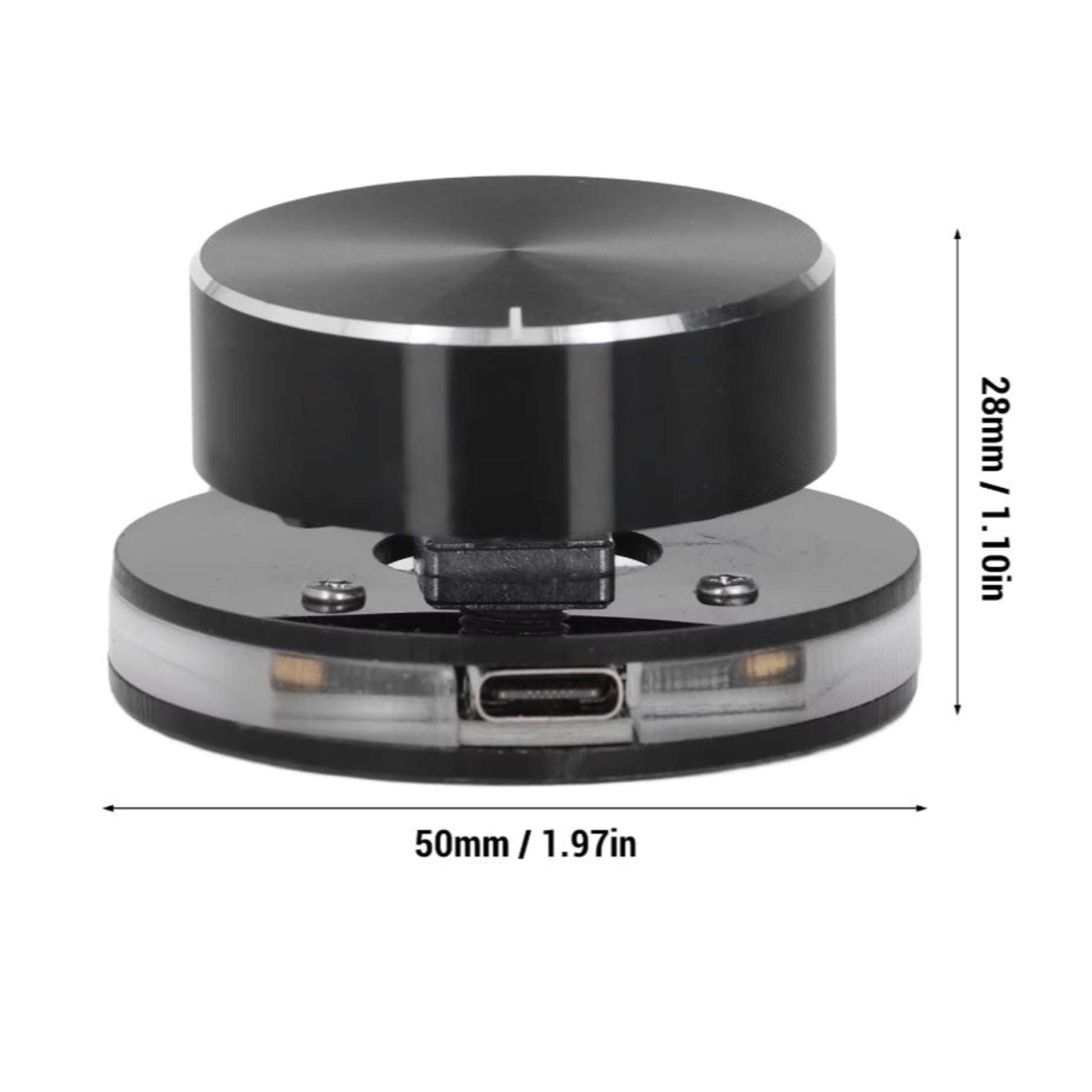 USB-C volume control knob with RGB light, dimensions: 50mm x 28mm, designed for precise audio adjustments.