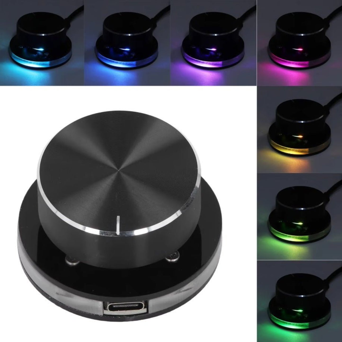 USB-C volume control knob with RGB lights, sleek design for PC audio adjustment.