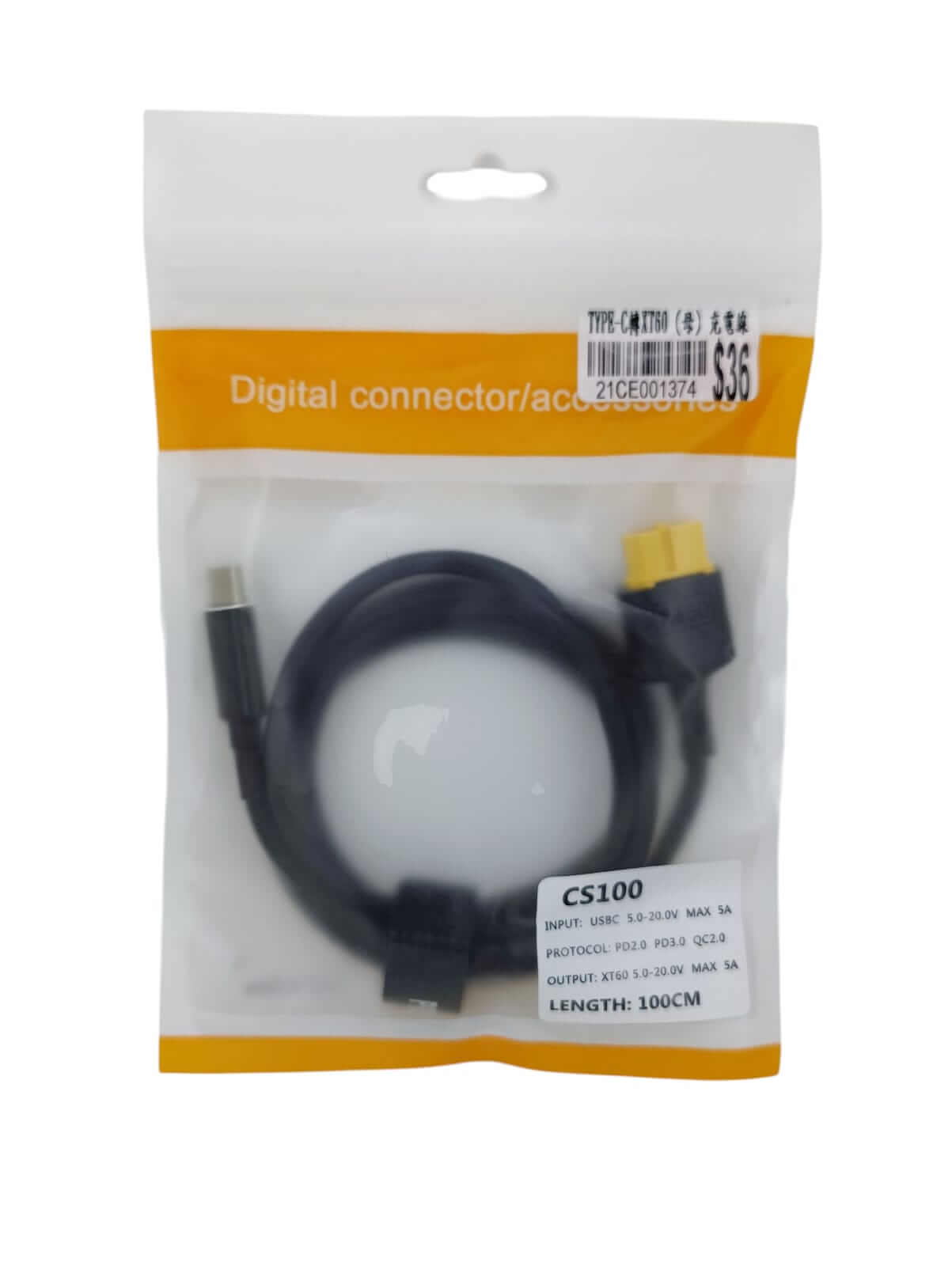 USB-C to XT60 (Female) charging cable in packaging, 1 meter length, ideal for powering devices and hobbies.