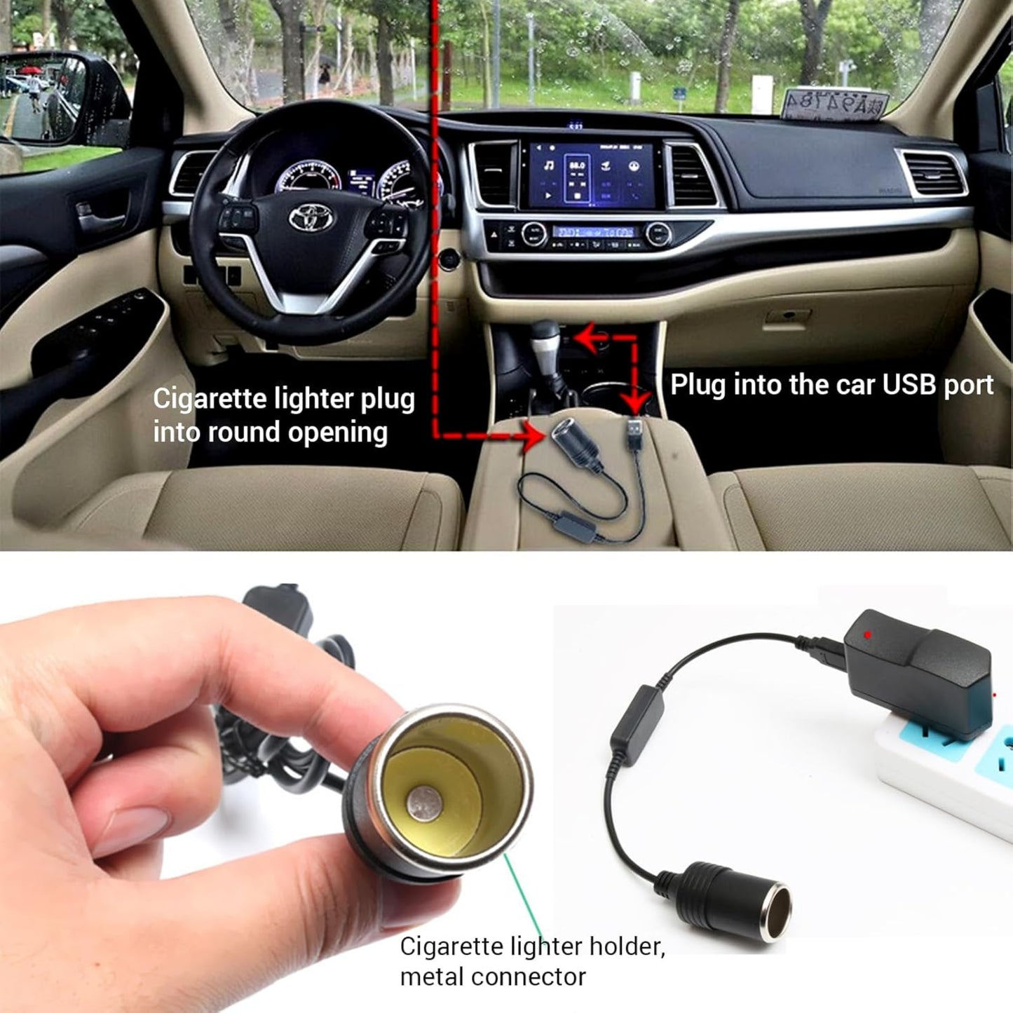 Interior of a car showing USB to cigarette lighter adapter setup and connection details for powering devices.