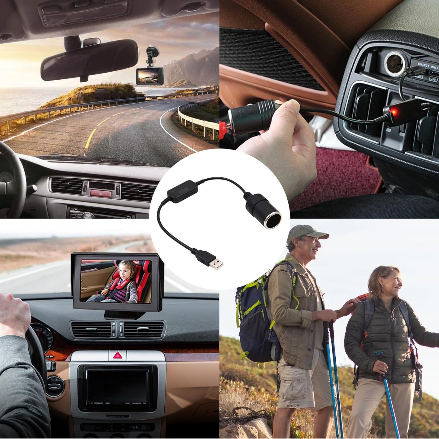 USB 5V to 12V Car Cigarette Lighter Adapter in use for powering devices during road trips and outdoor activities.