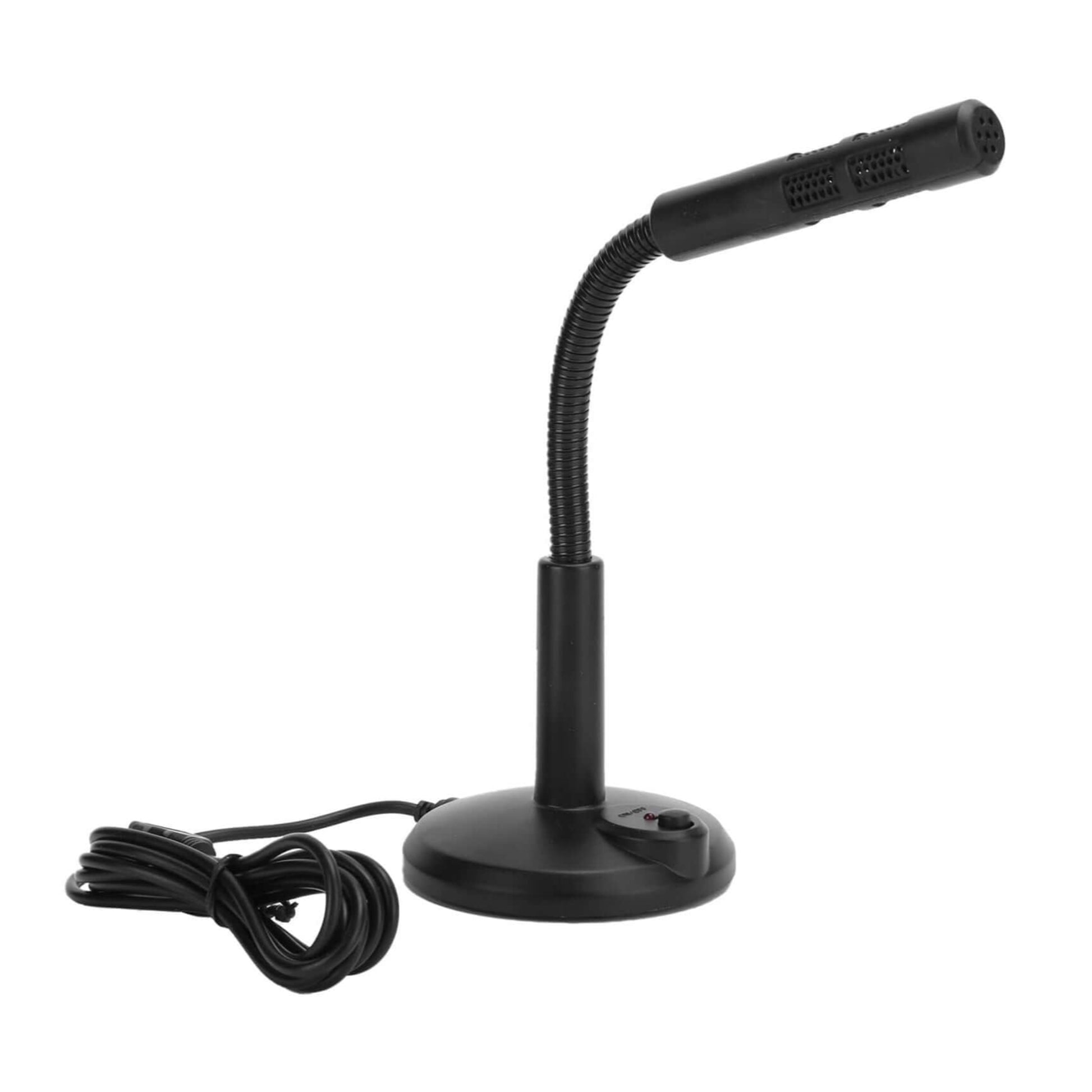 An angled photo of the black USB desktop microphone, showing its simple design and flexible gooseneck stand.