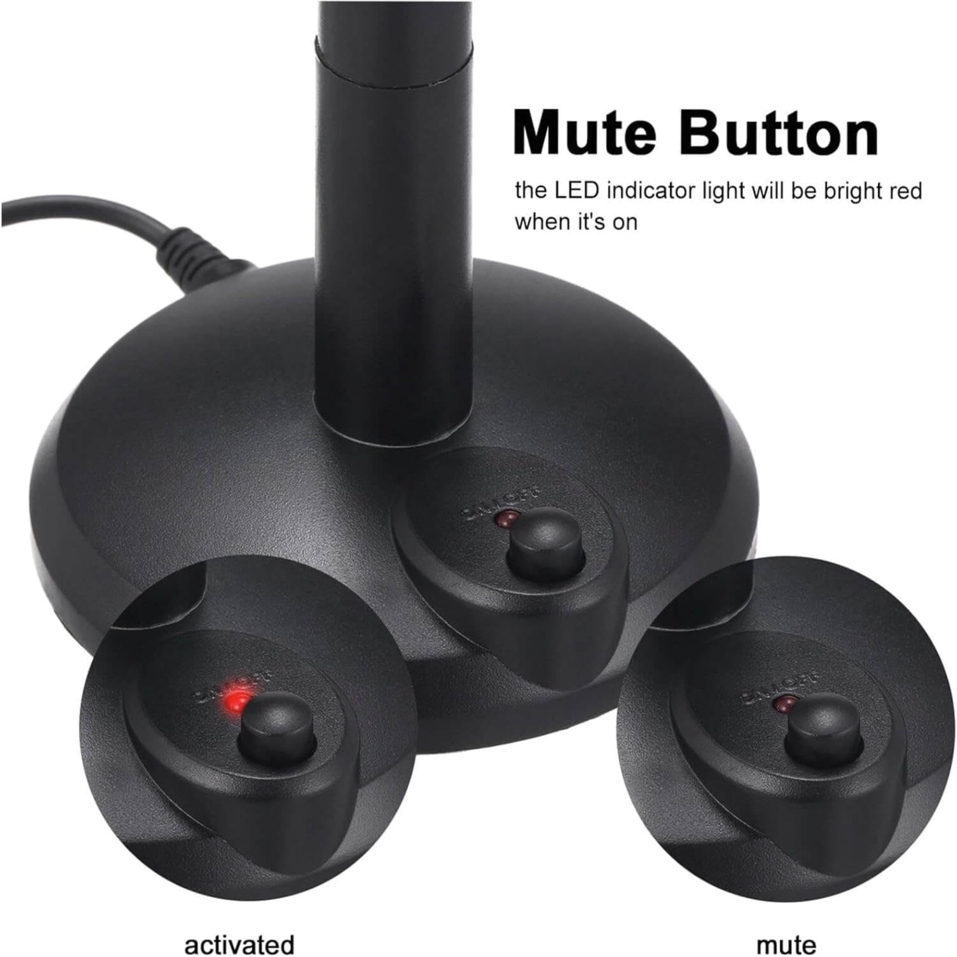 A close-up of the USB desktop microphone's mute button with a bright red LED indicator light showing it is active.