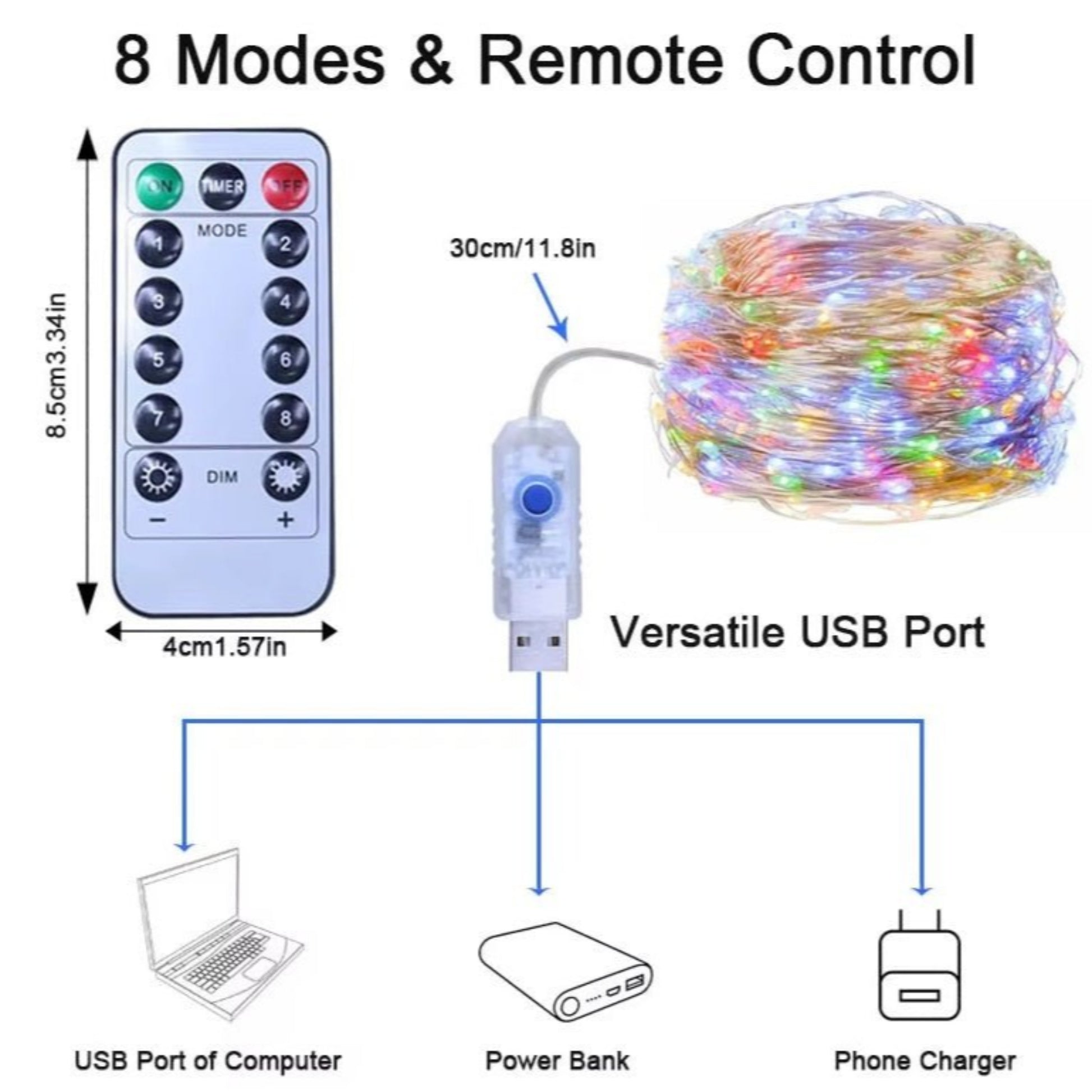 USB LED String Light with remote control showing 8 modes and versatile USB port for various power sources.