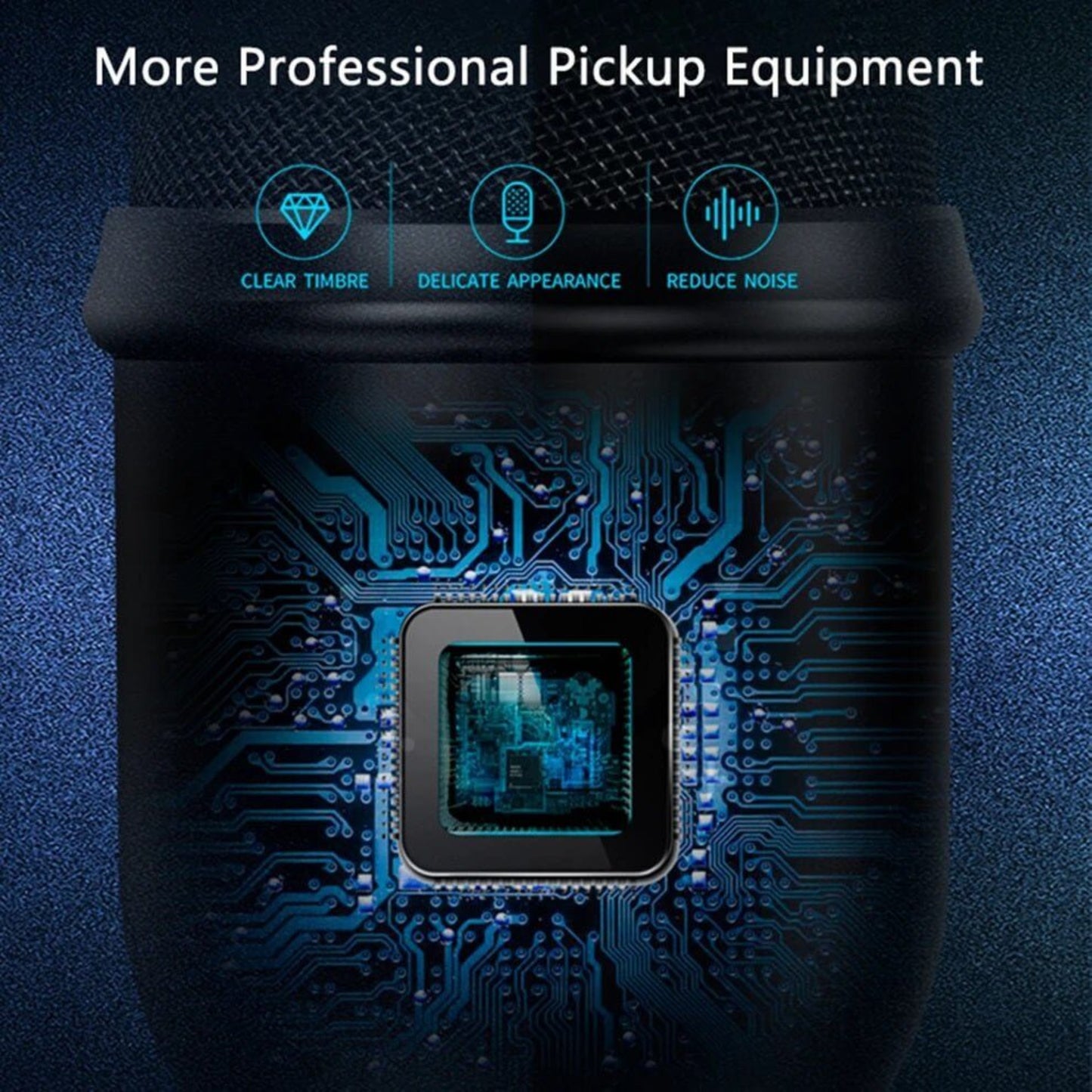 Close-up of a USB condenser microphone highlighting its professional pickup features and internal technology.