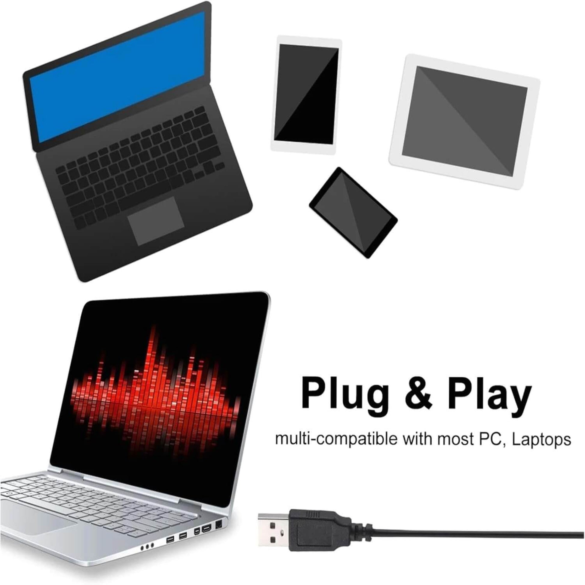 A USB desktop microphone next to a laptop, tablet, and PC, showing its plug-and-play compatibility.