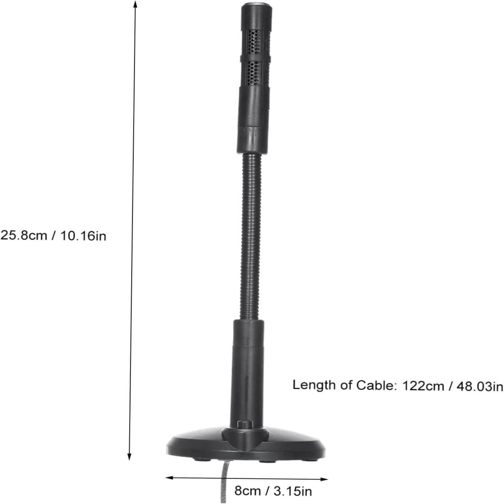 A diagram of the USB desktop microphone with measurements, showing its height of 25.8 cm and base width of 8 cm.