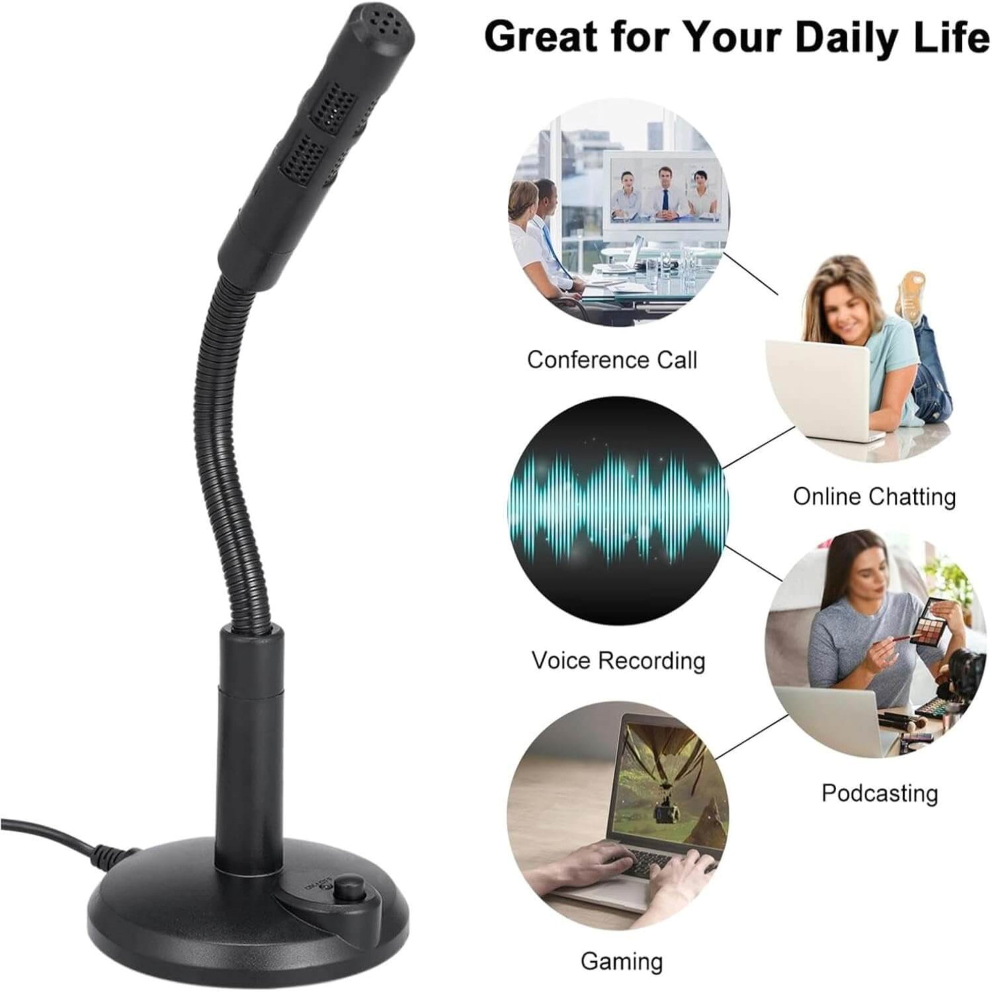 A versatile USB microphone shown in various daily uses like conference calls, online chatting, voice recording, podcasting, and gaming.
