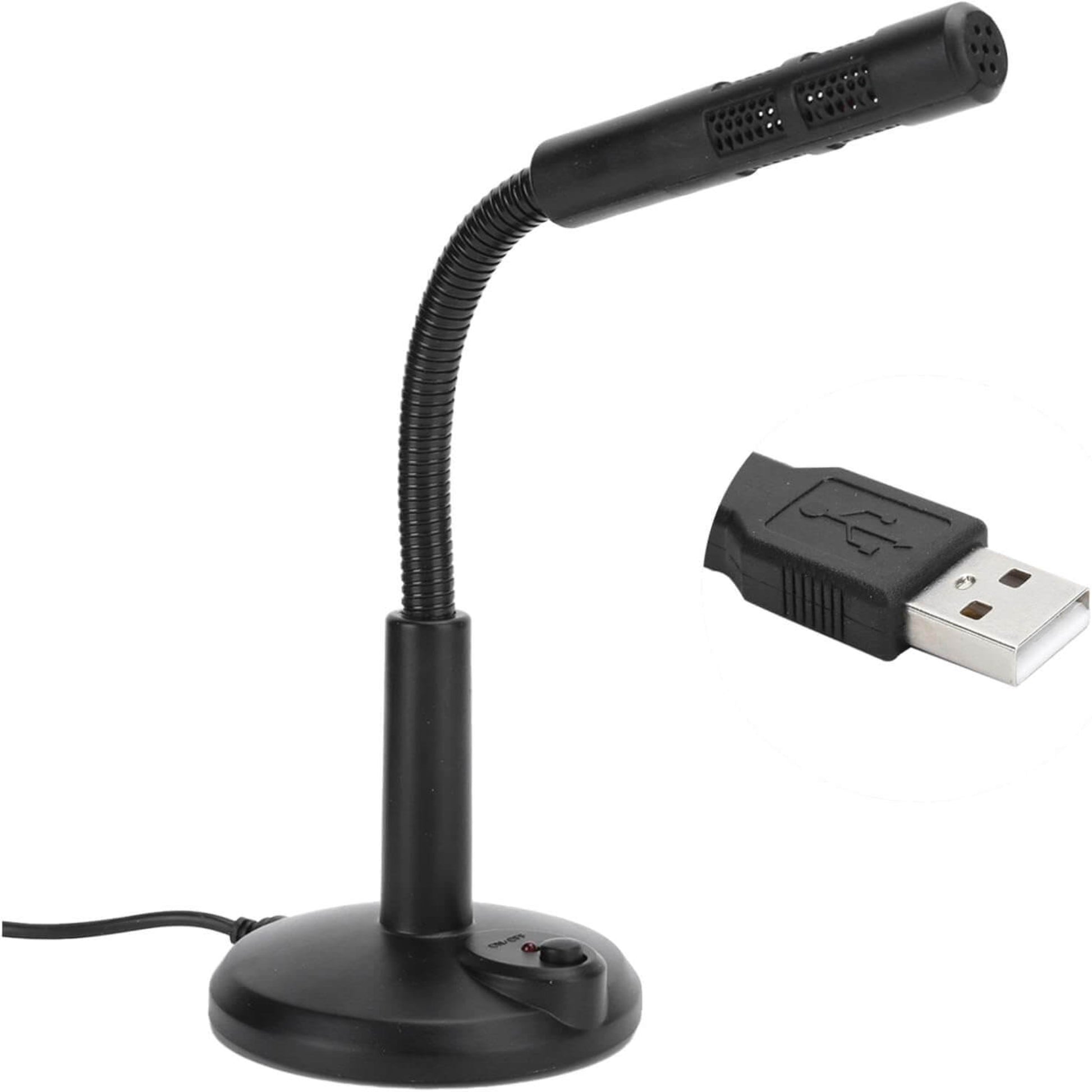 Full view of the USB desktop microphone with a close-up inset of the USB-A plug to show the connection type.