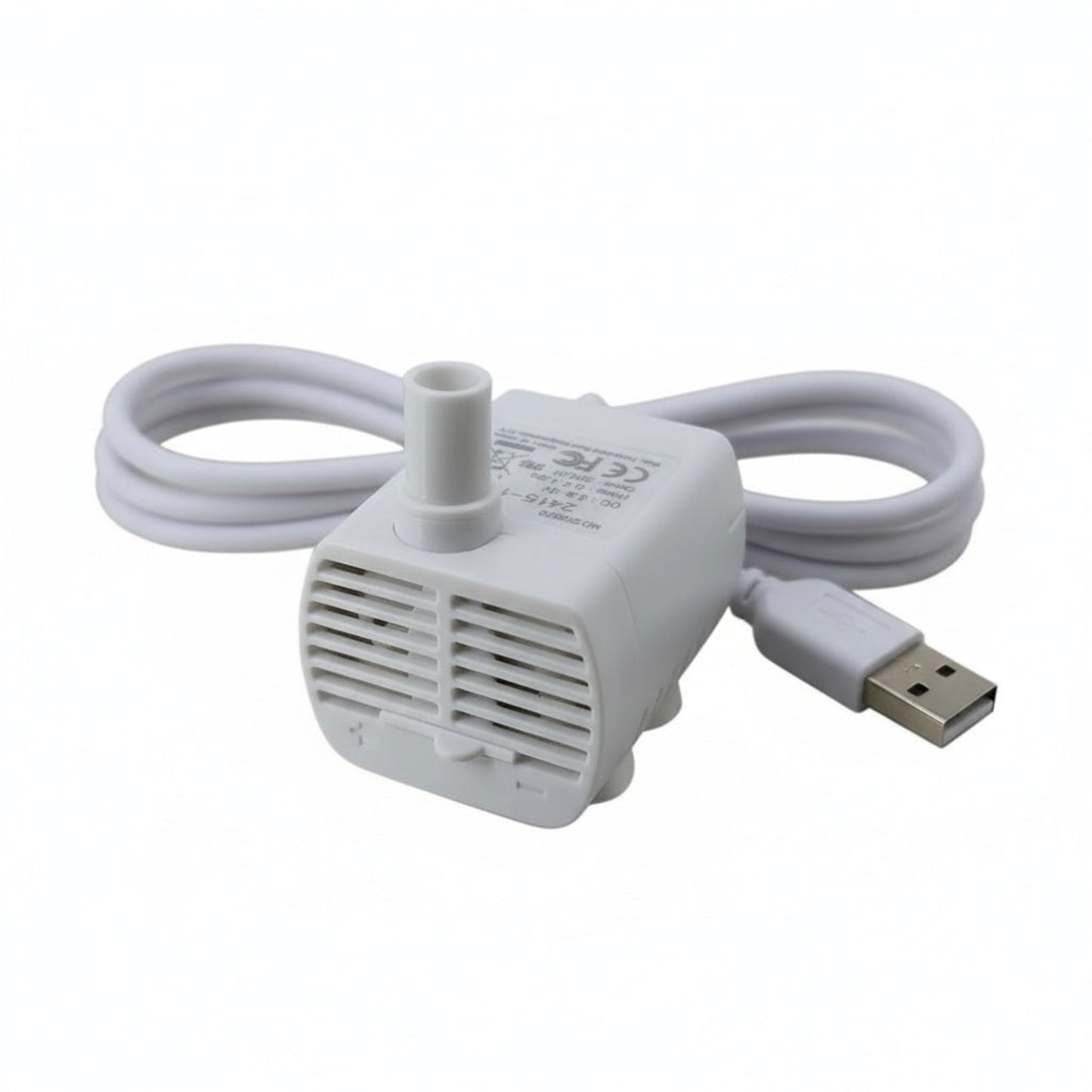 White USB mini water pump with long USB cable suitable for desktop fountains and pet water bowls.