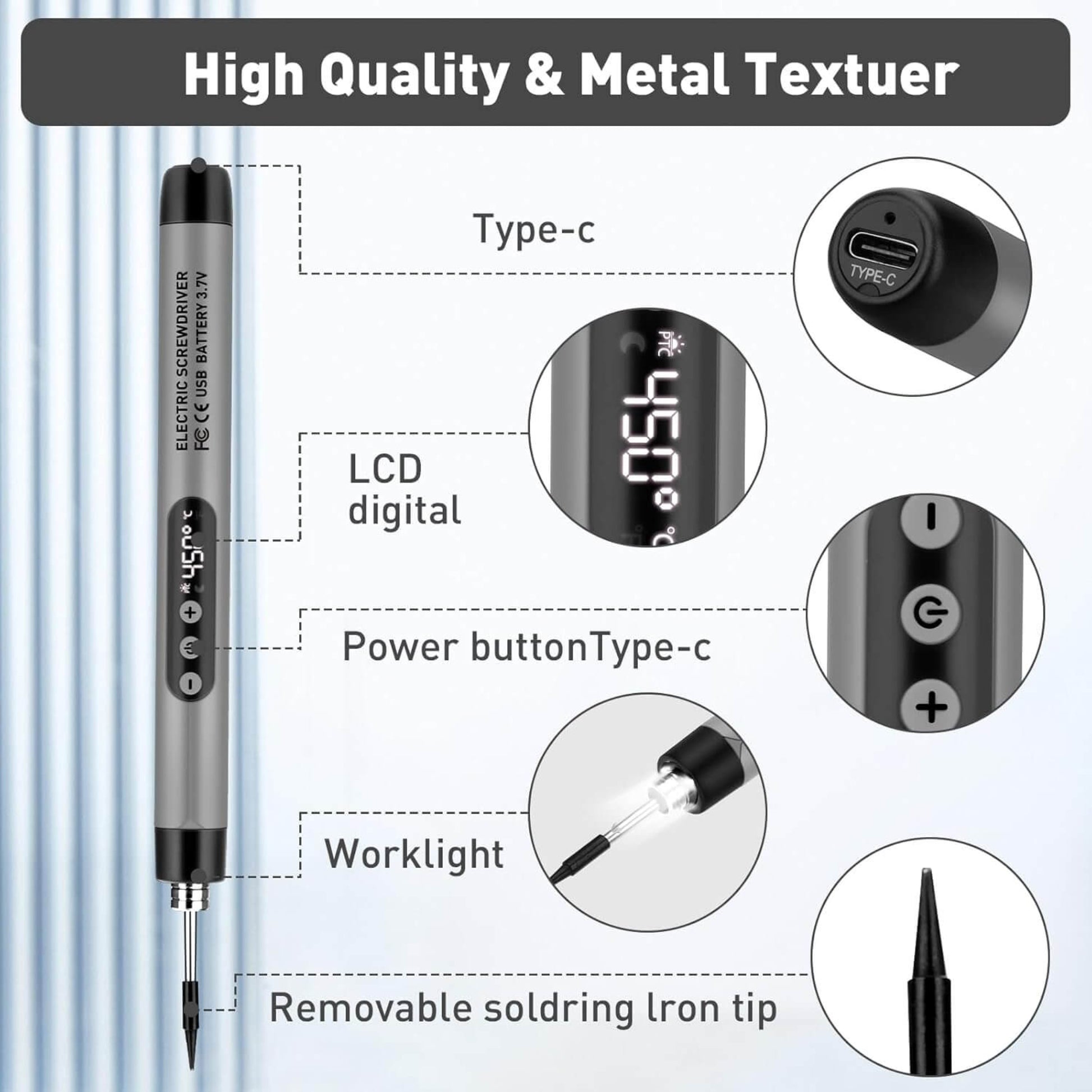 Wireless USB Soldering Iron Kit features Type-C charging, LCD display, worklight, and removable iron tip for easy use.