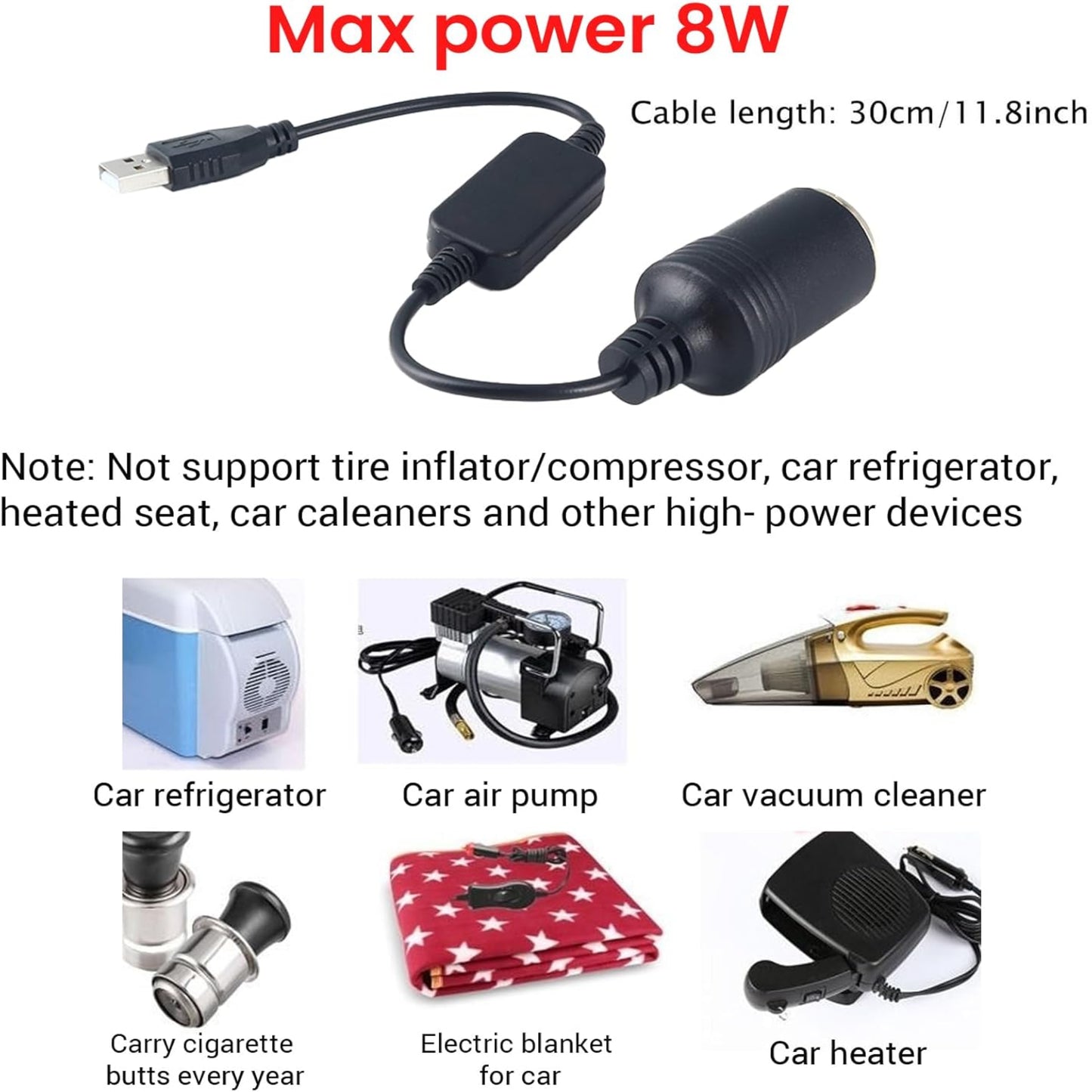 USB 5V to 12V car cigarette lighter adapter with max 8W power for powering car devices like vacuum cleaners and refrigerators.