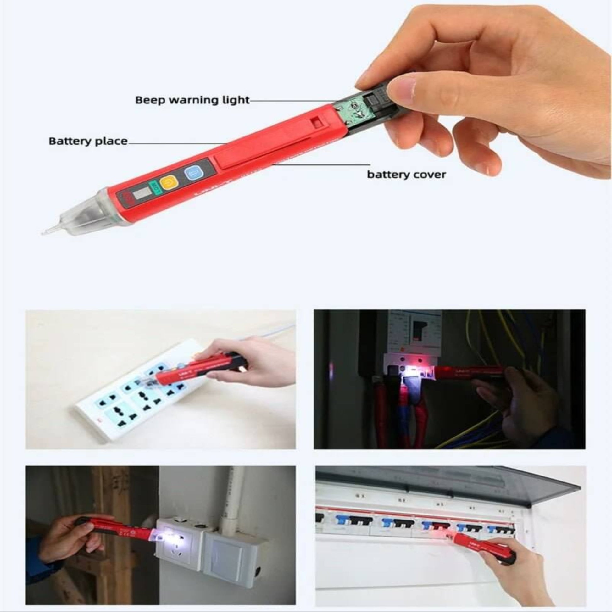 A collage of photos showing the UT12D in use for various electrical tests on outlets, circuit breakers, and wiring.