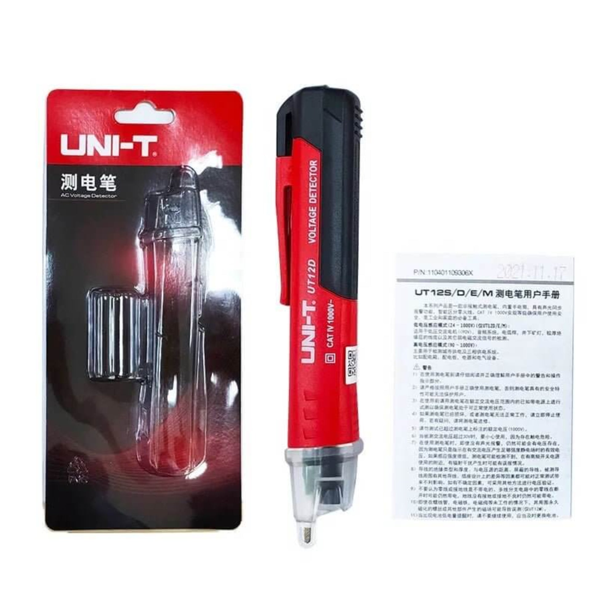 The UNI-T UT12D AC voltage detector is shown in its packaging with the user manual, highlighting the complete product package.
