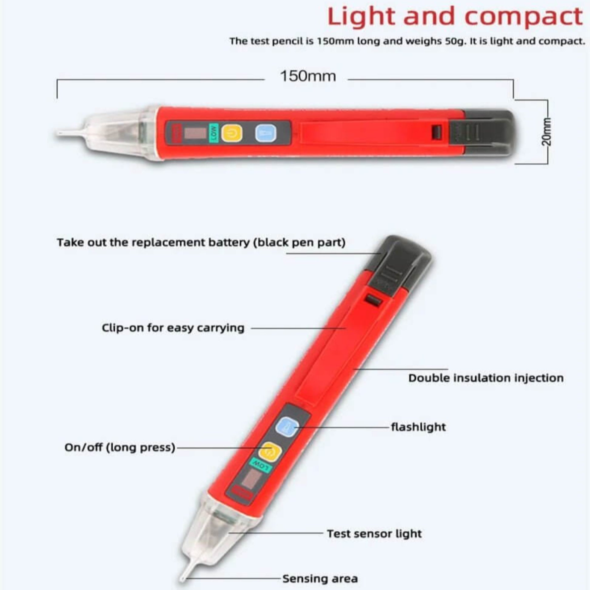 An annotated image showing key features and dimensions of the UNI-T UT12D voltage detector, including the sensing area and flashlight.